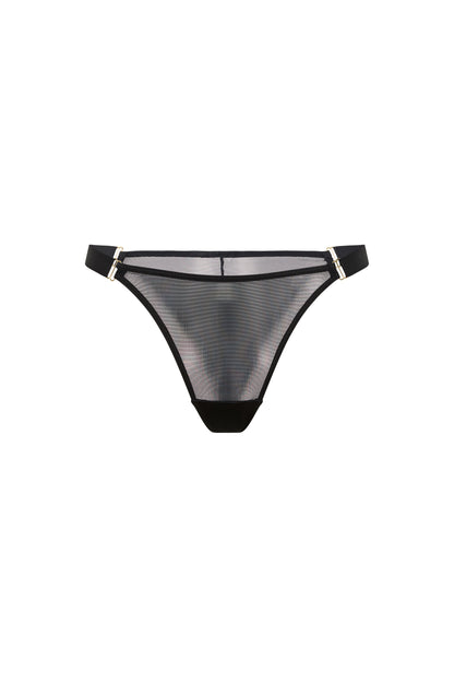 Kate black brief with sheer mesh, wide adjustable satin side straps and gold-tone hardware on a white background.