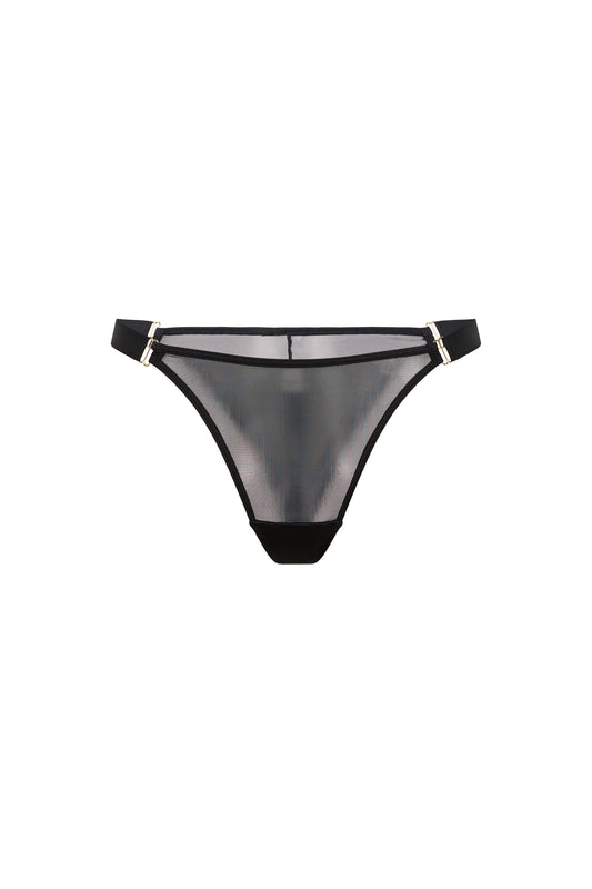 Kate black brief with sheer mesh, wide adjustable satin side straps and gold-tone hardware on a white background.