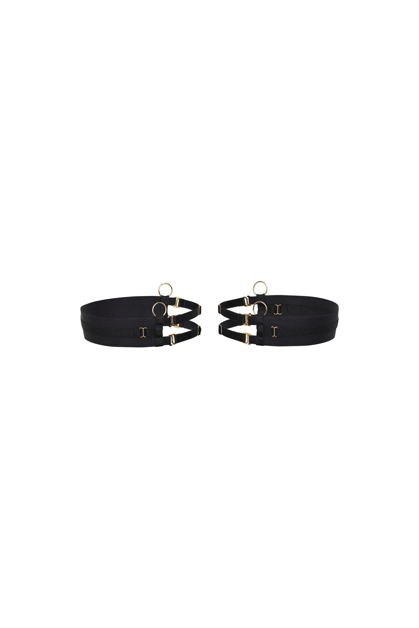 Back view of the Kate black thigh garters with wide bands, adjustable slim straps and gold-tone hardware on a white background.