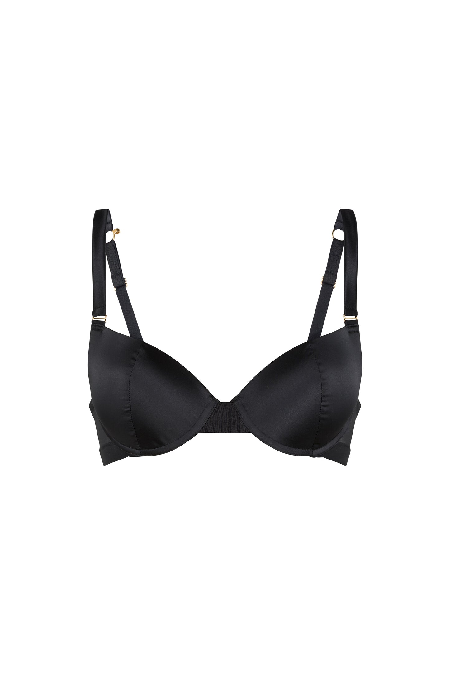 Kate black push-up bra with moulded Italian satin cups, graphic straps and gold O-ring details on a white background.