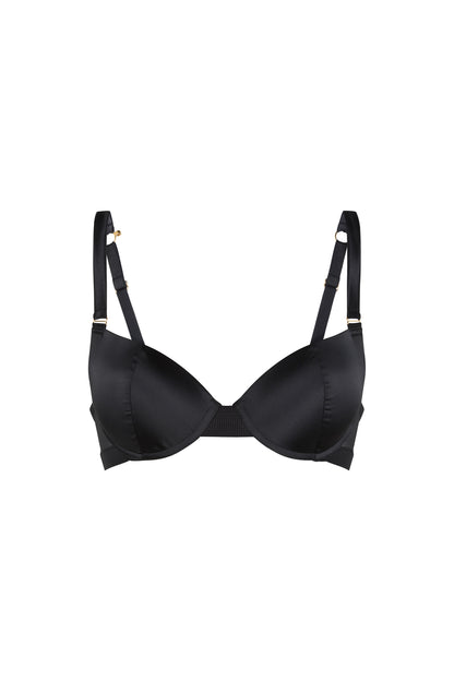 Kate black push-up bra with moulded Italian satin cups, graphic straps and gold O-ring details on a white background.