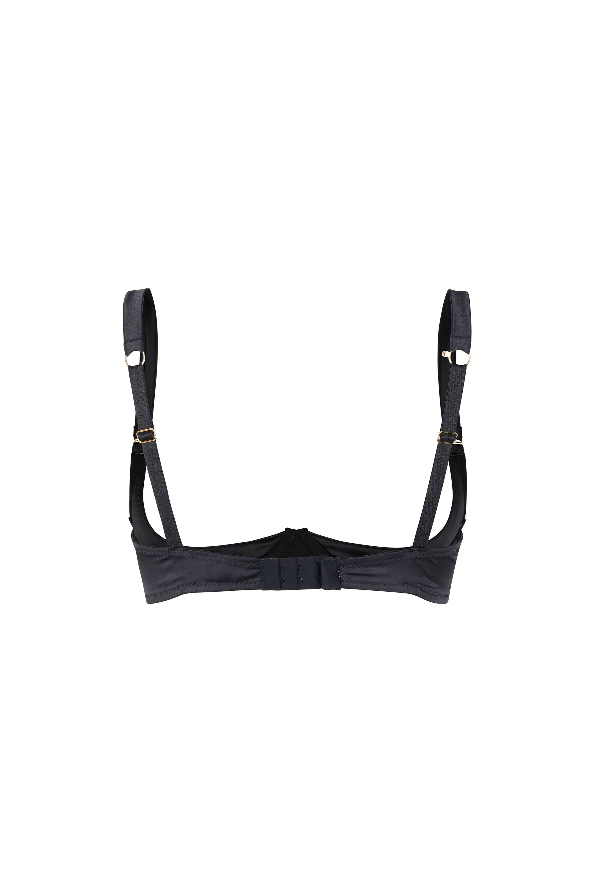 Back view of the Kate black quarter cup bra with graphic back straps, hook-and-eye closure and gold-tone hardware on a white background.