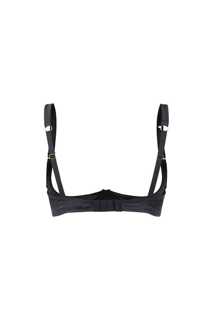 Back view of the Kate black quarter cup bra with graphic back straps, hook-and-eye closure and gold-tone hardware on a white background.