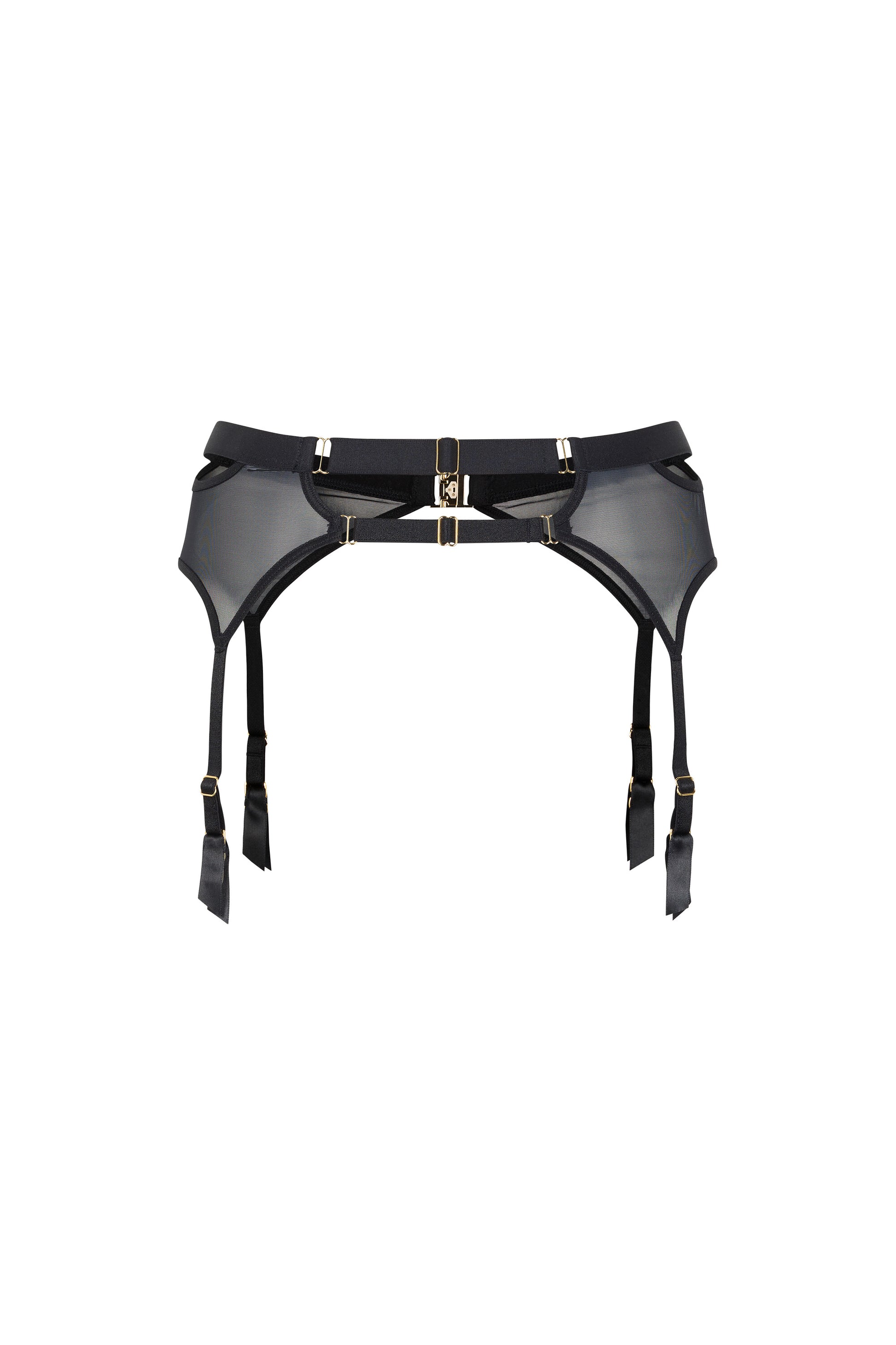 Back view of the Kate black suspender belt with dual adjustable back straps, sheer mesh panels and gold-tone hardware on a white background.