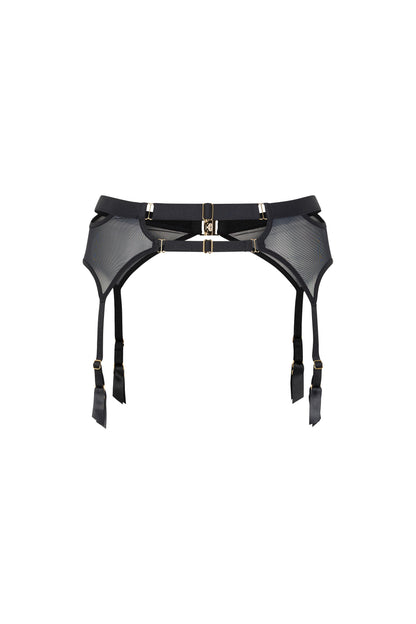 Back view of the Kate black suspender belt with dual adjustable back straps, sheer mesh panels and gold-tone hardware on a white background.