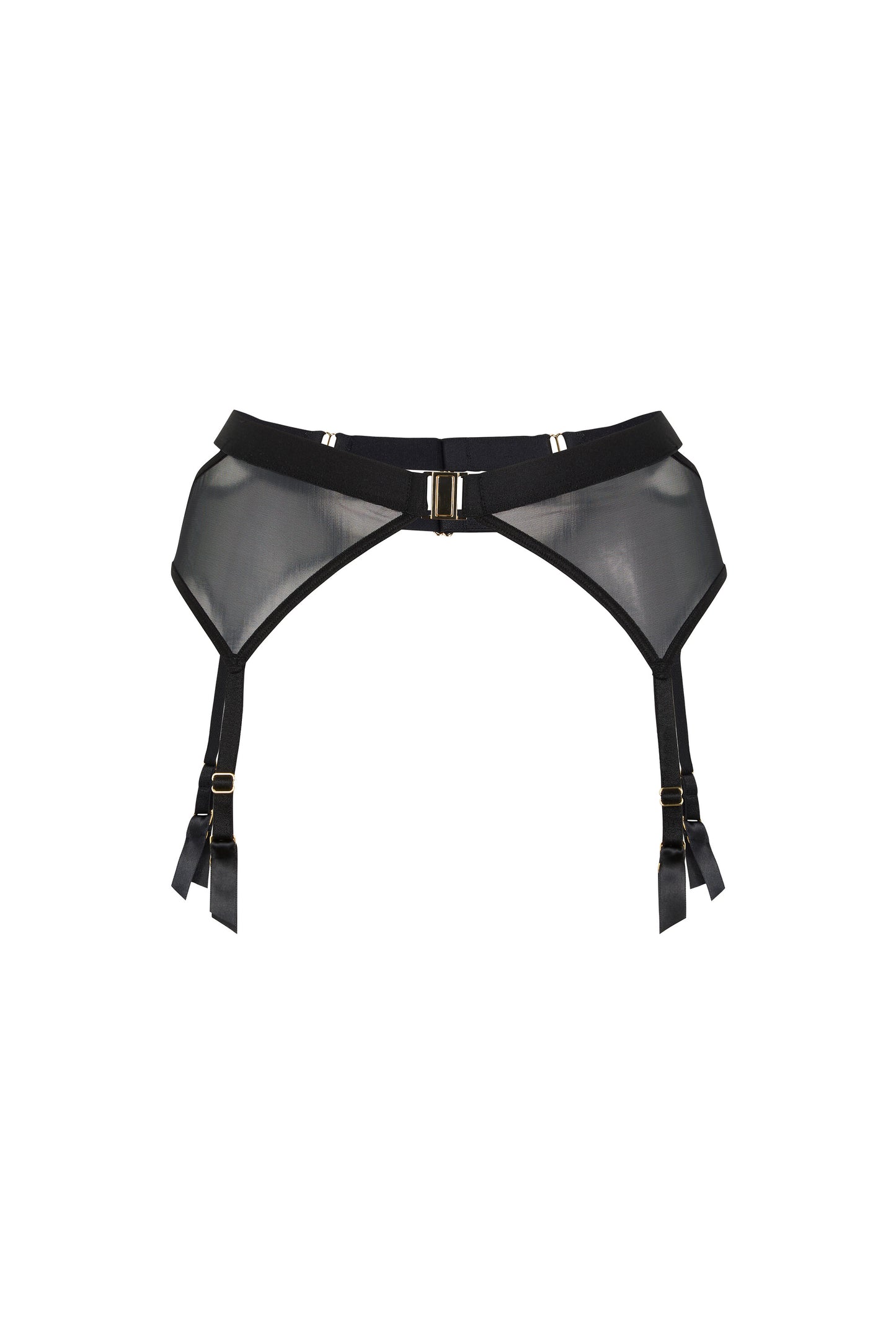 Kate black suspender belt with wide satin bands, sheer mesh panels, bold front clip and gold-tone hardware on a white background.