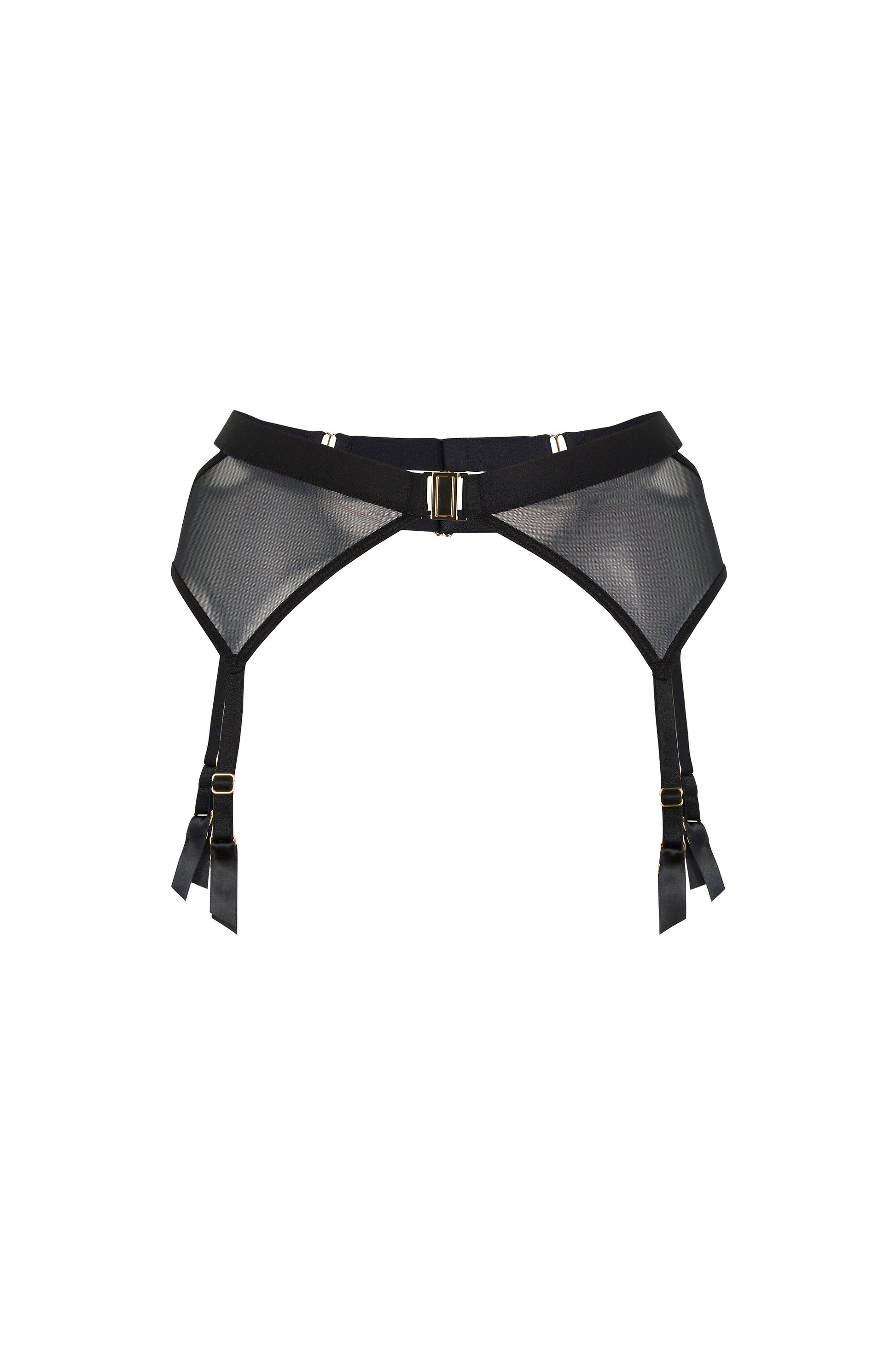 Kate black suspender belt with wide satin bands, sheer mesh panels, bold front clip and gold-tone hardware on a white background.
