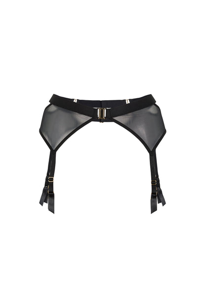 Kate black suspender belt with wide satin bands, sheer mesh panels, bold front clip and gold-tone hardware on a white background.