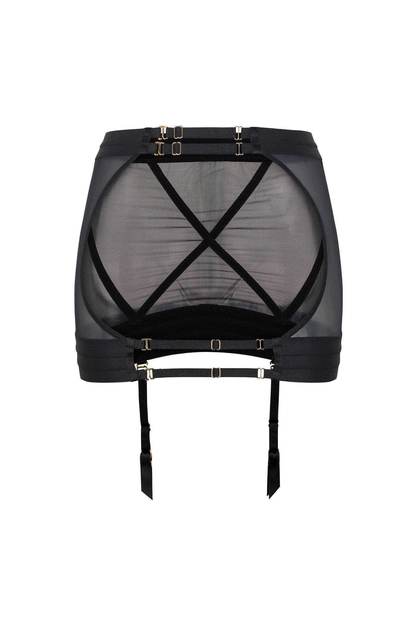 Back view of the Kate black suspender skirt with open-back design, adjustable satin straps, swan-hook fastenings and gold-tone hardware on a white background.