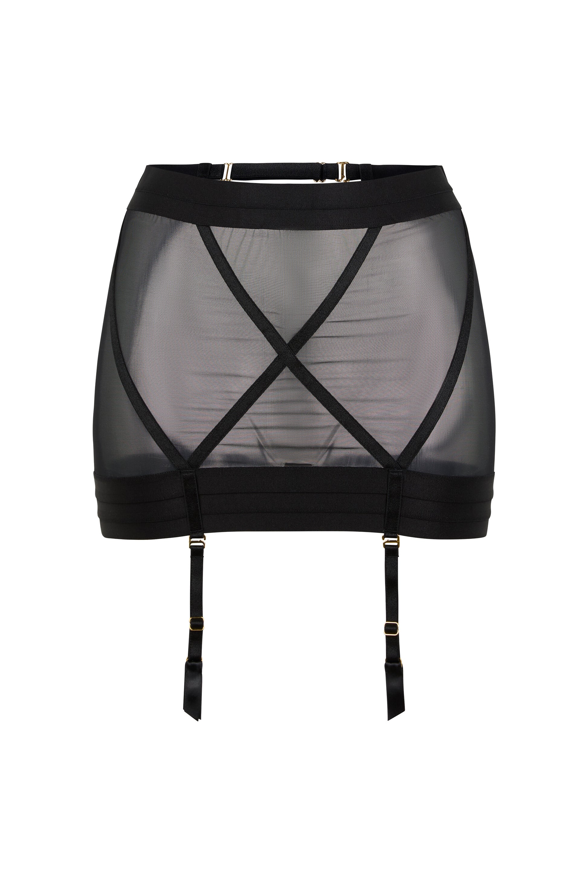 Kate black suspender skirt with high-waisted wide band structure, sheer mesh panels and adjustable satin straps on a white background.