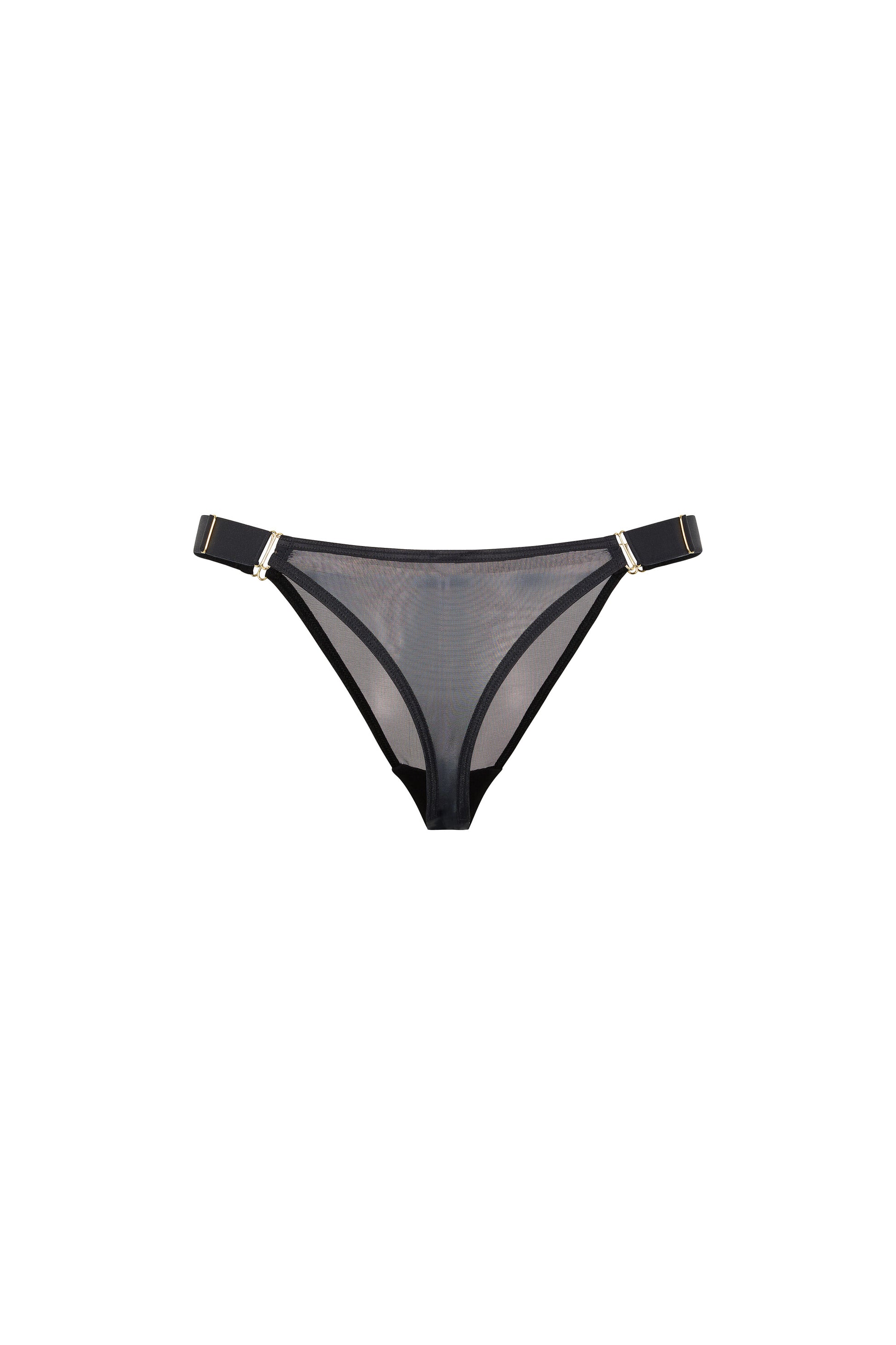 Back view of the Kate black thong with sheer mesh, wide satin side straps and gold-tone hardware on a white background.