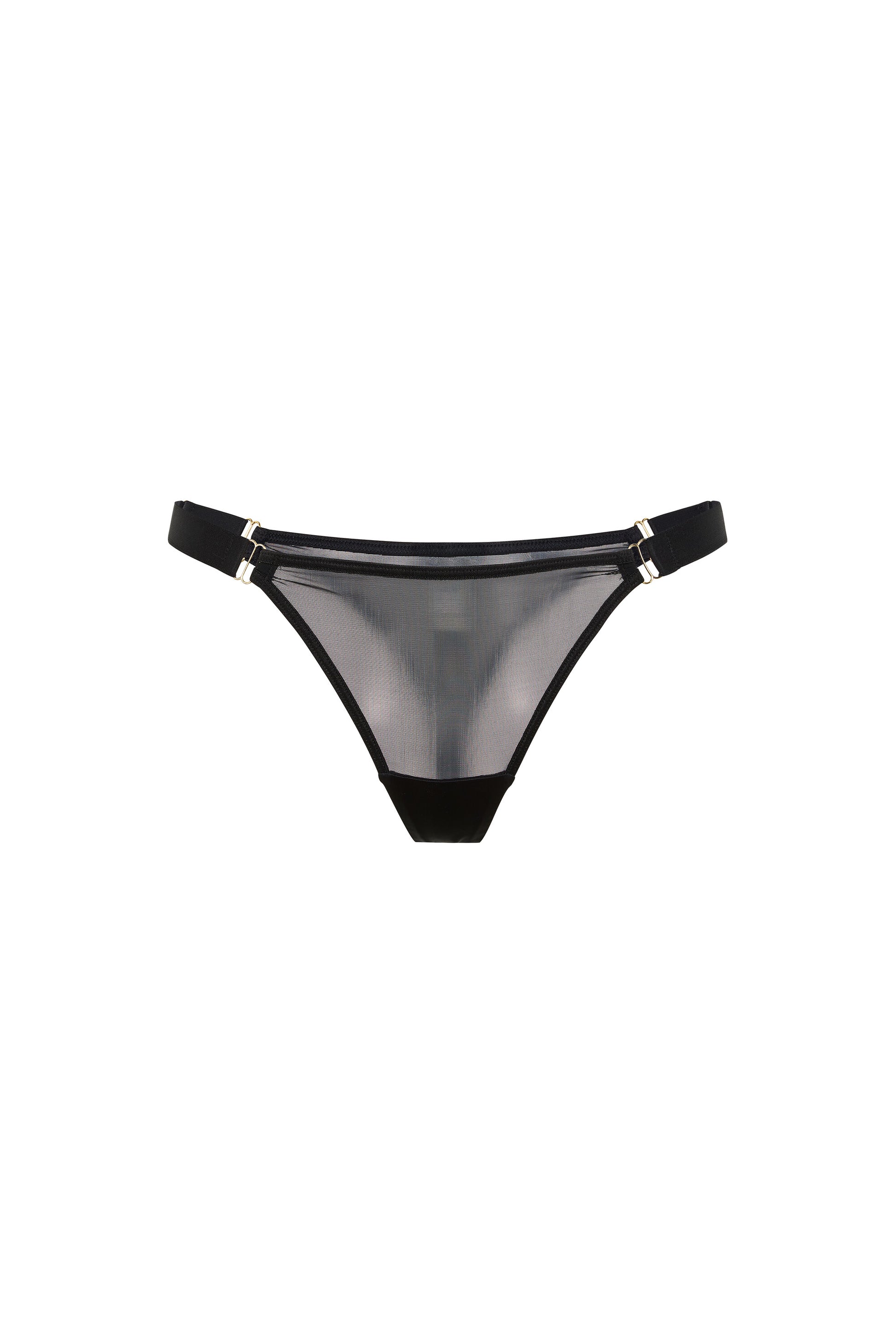 Kate black thong with sheer mesh, wide adjustable satin side straps and gold-tone hardware on a white background.