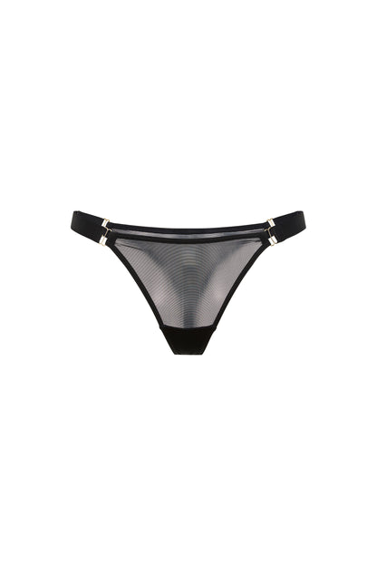 Kate black thong with sheer mesh, wide adjustable satin side straps and gold-tone hardware on a white background.