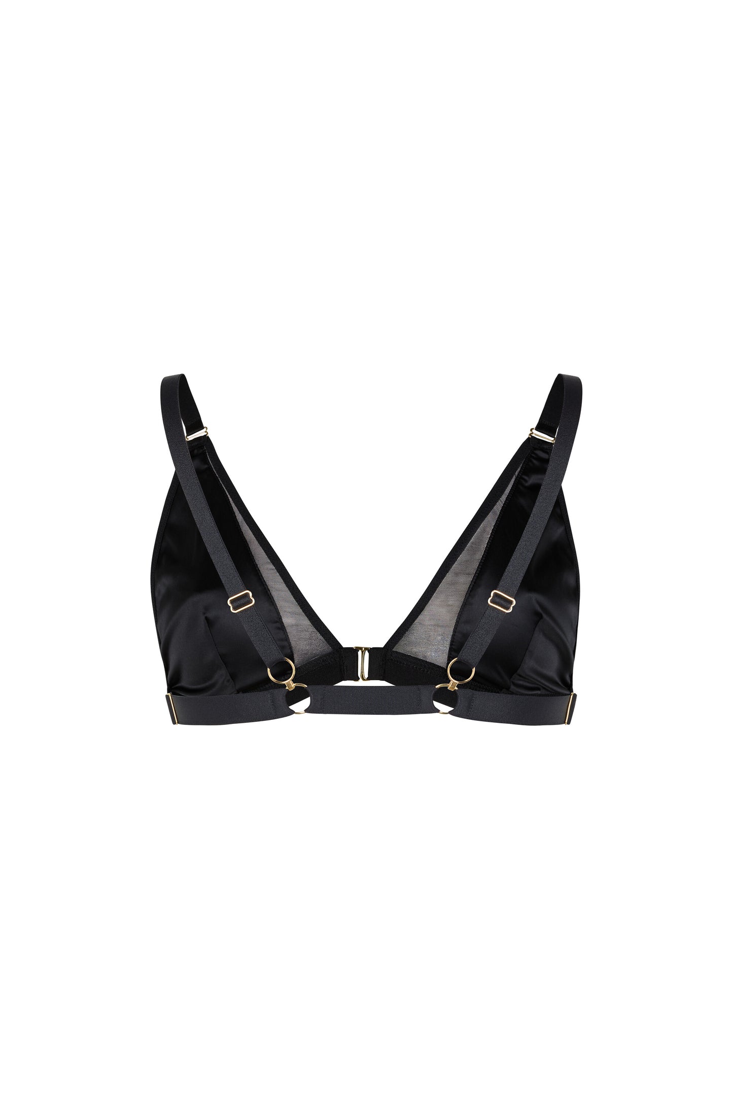 Back view of the Kate black triangle bralette with adjustable straps and cross-back styling option on a white background.