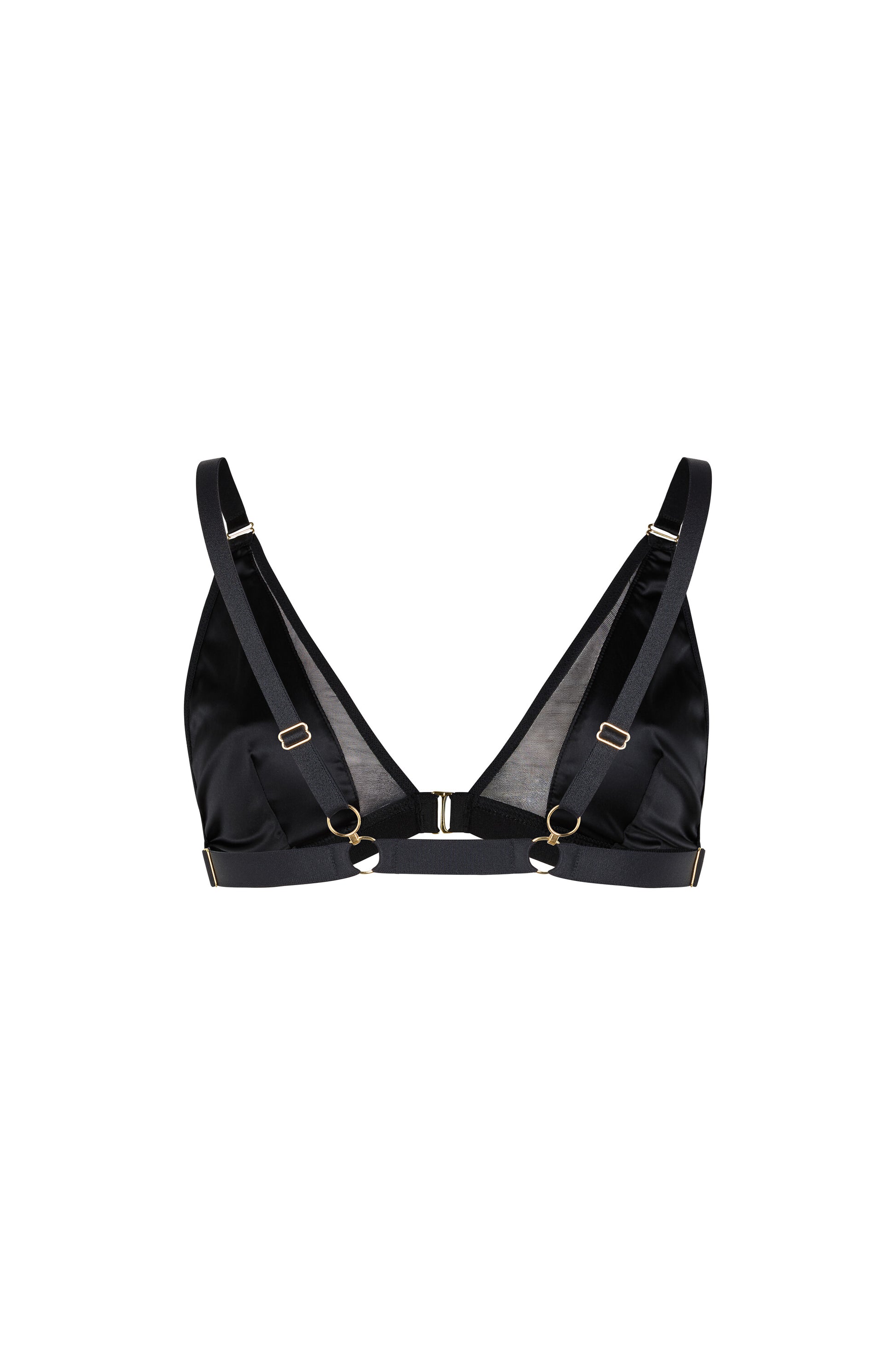 Back view of the Kate black triangle bralette with adjustable straps and cross-back styling option on a white background.