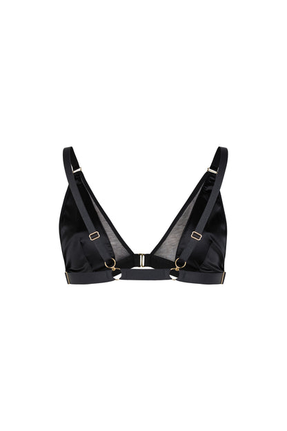 Back view of the Kate black triangle bralette with adjustable straps and cross-back styling option on a white background.