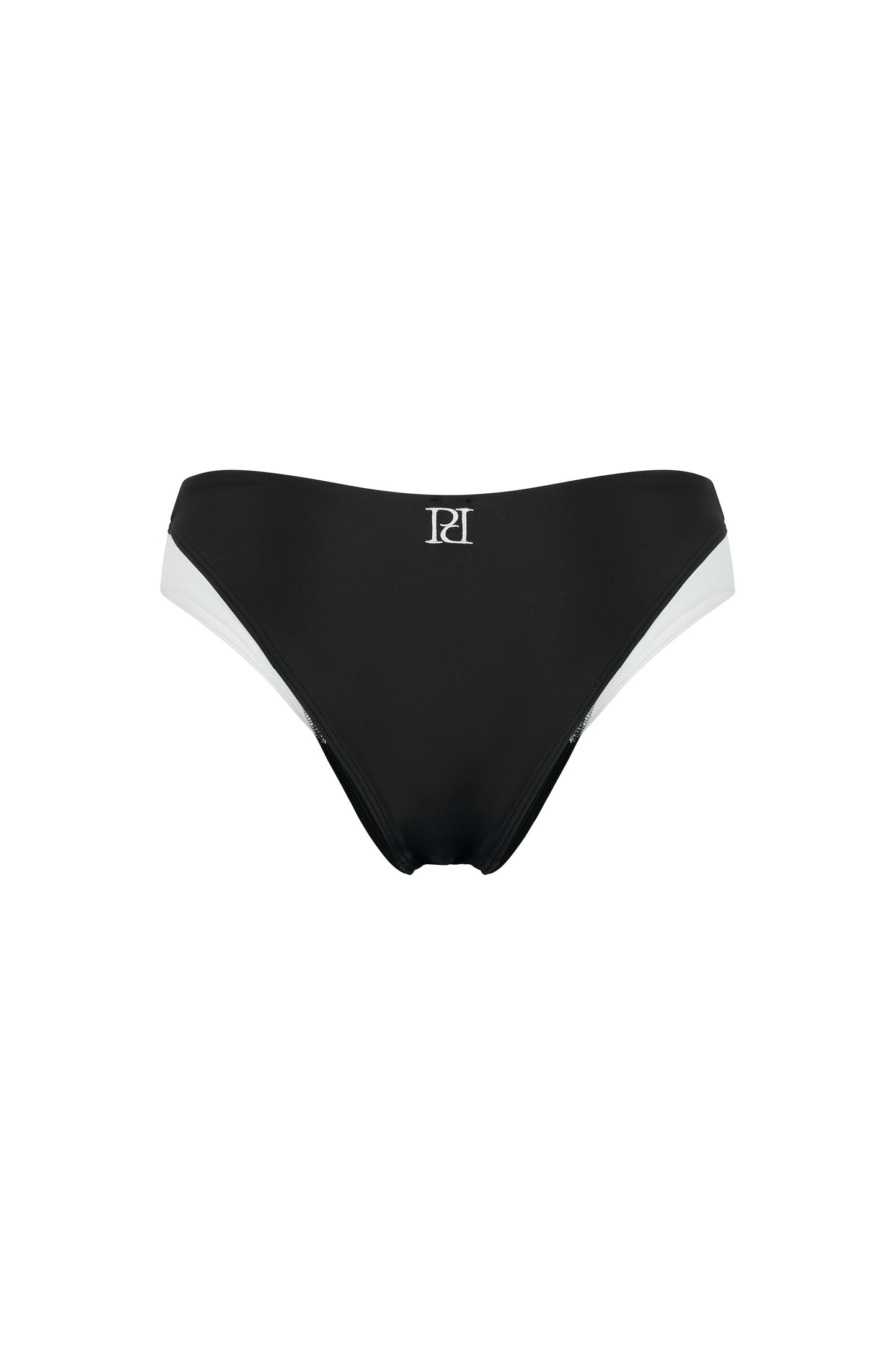 Back view of the Monaco black and ivory bikini bottom with signature embroidery, classic coverage and graphic ivory side accents on a white background.