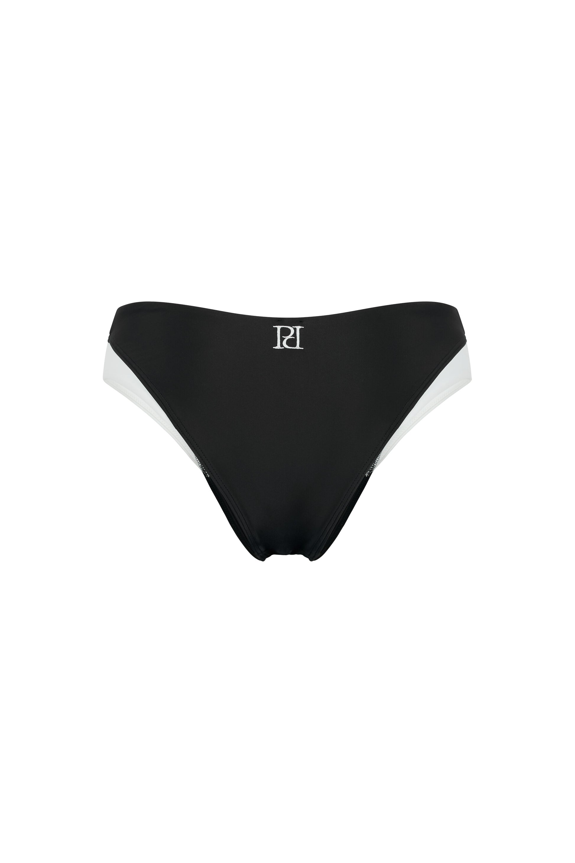 Back view of the Monaco black and ivory bikini bottom with signature embroidery, classic coverage and graphic ivory side accents on a white background.