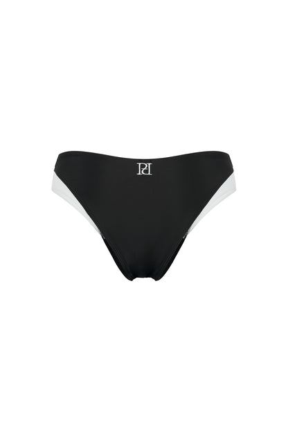Back view of the Monaco black and ivory bikini bottom with signature embroidery, classic coverage and graphic ivory side accents on a white background.