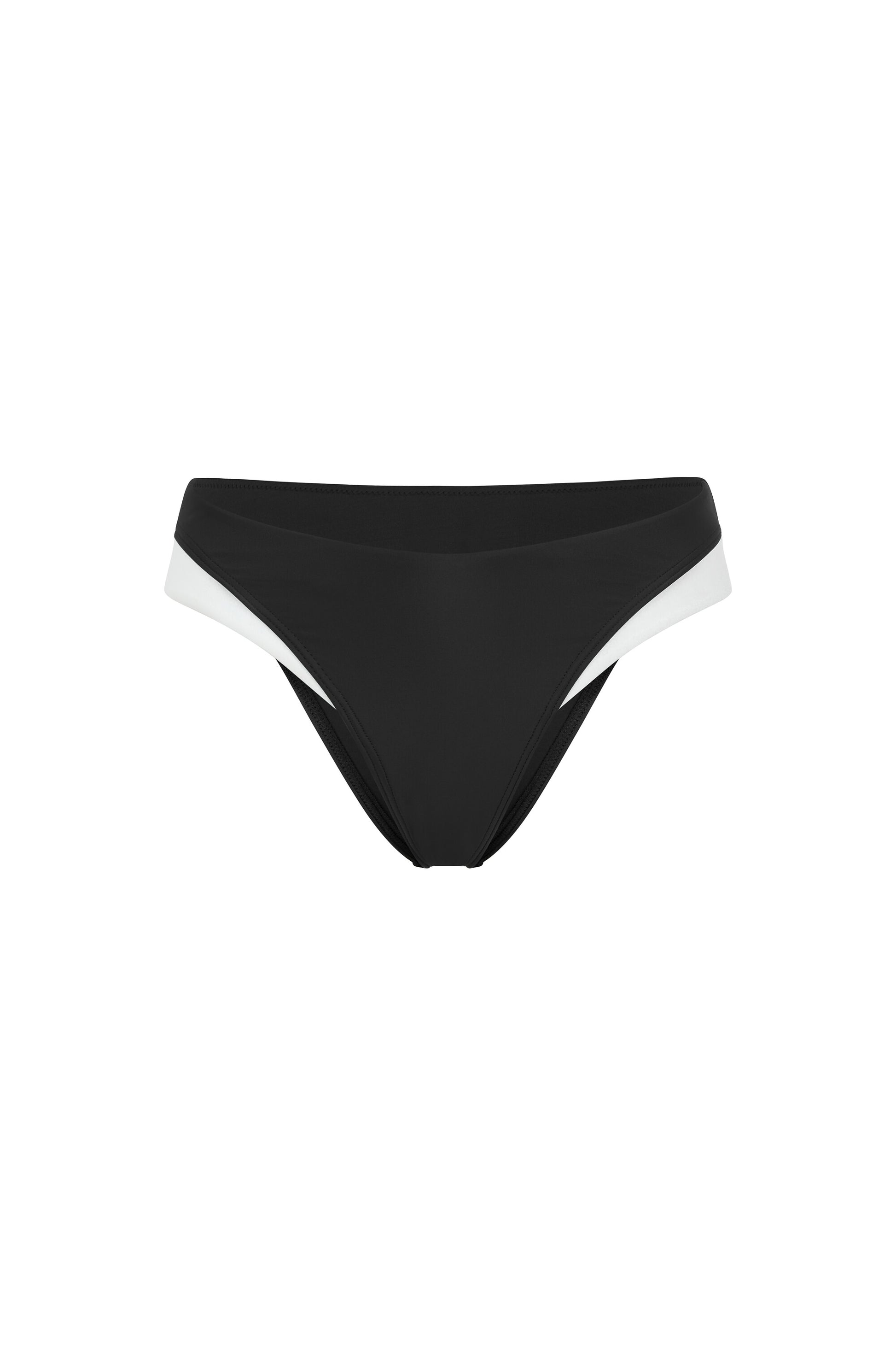 Monaco black and ivory bikini bottom with low-rise fit, ivory side accents and premium European swim fabric on a white background.