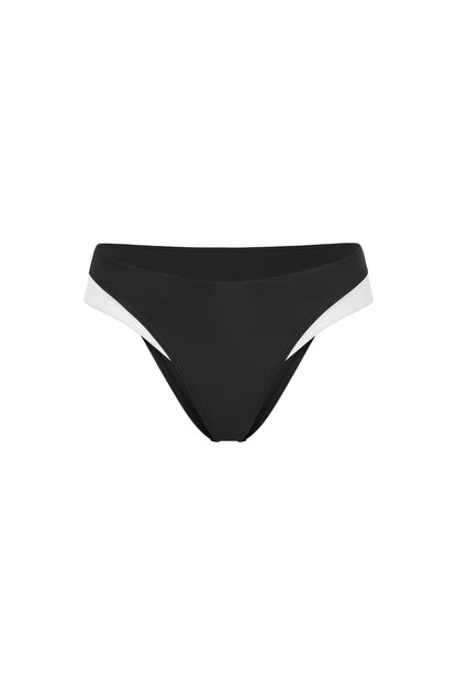 Monaco black and ivory bikini bottom with low-rise fit, ivory side accents and premium European swim fabric on a white background.