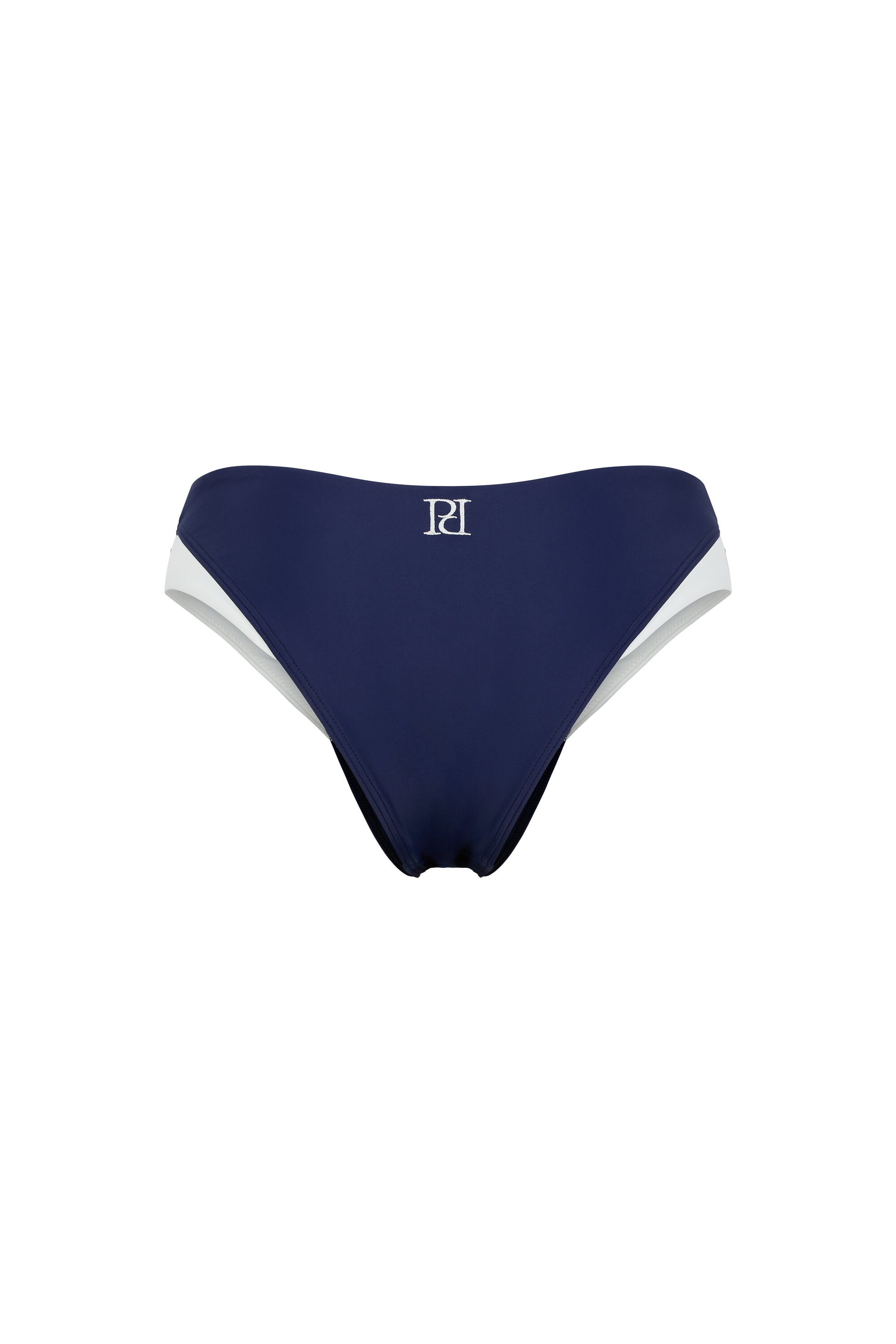 Back view of the Monaco navy and ivory bikini bottom with signature embroidery, classic coverage and ivory side accents on a white background.