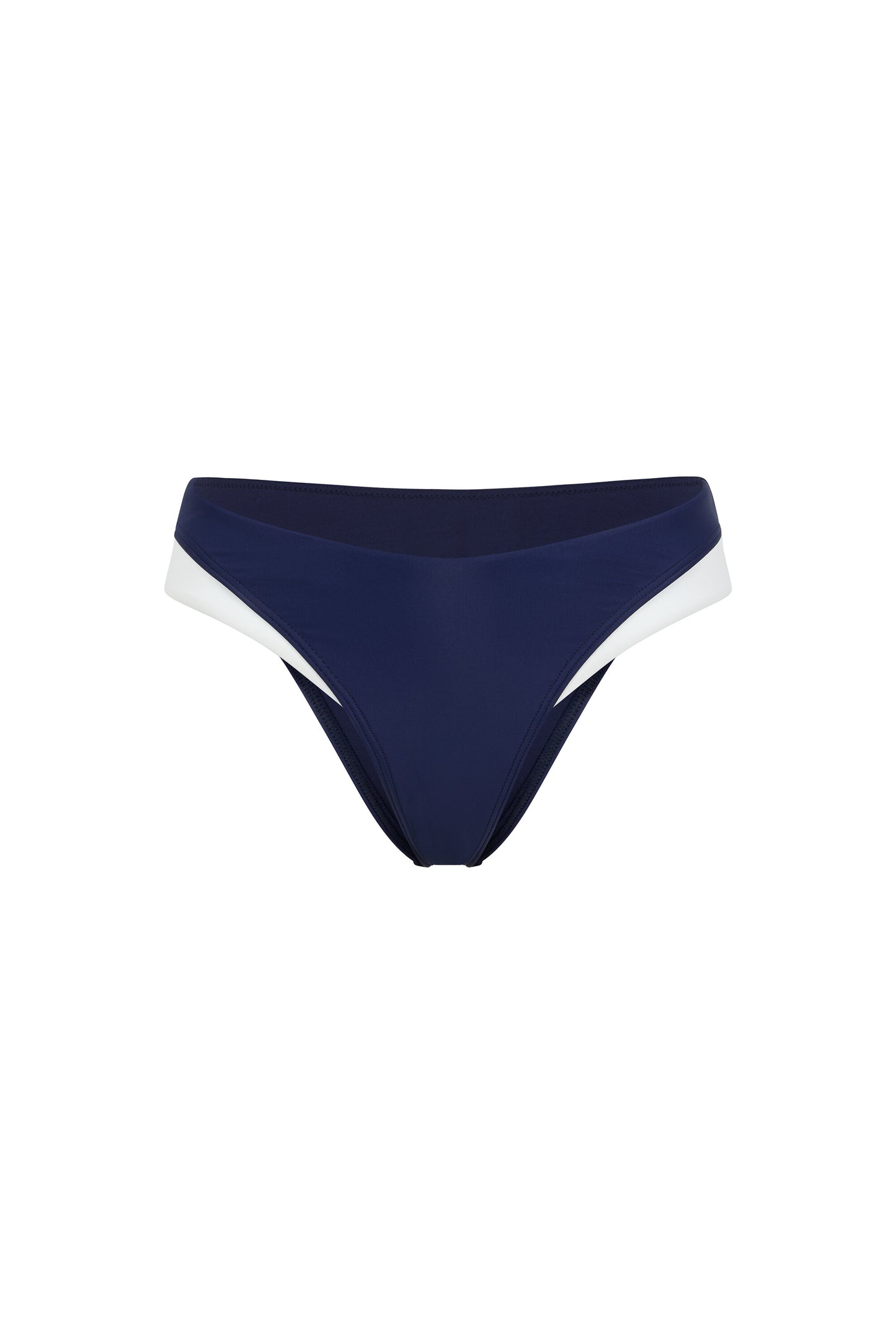 Monaco navy and ivory bikini bottom with low-rise fit, ivory side accents and premium European swim fabric on a white background.