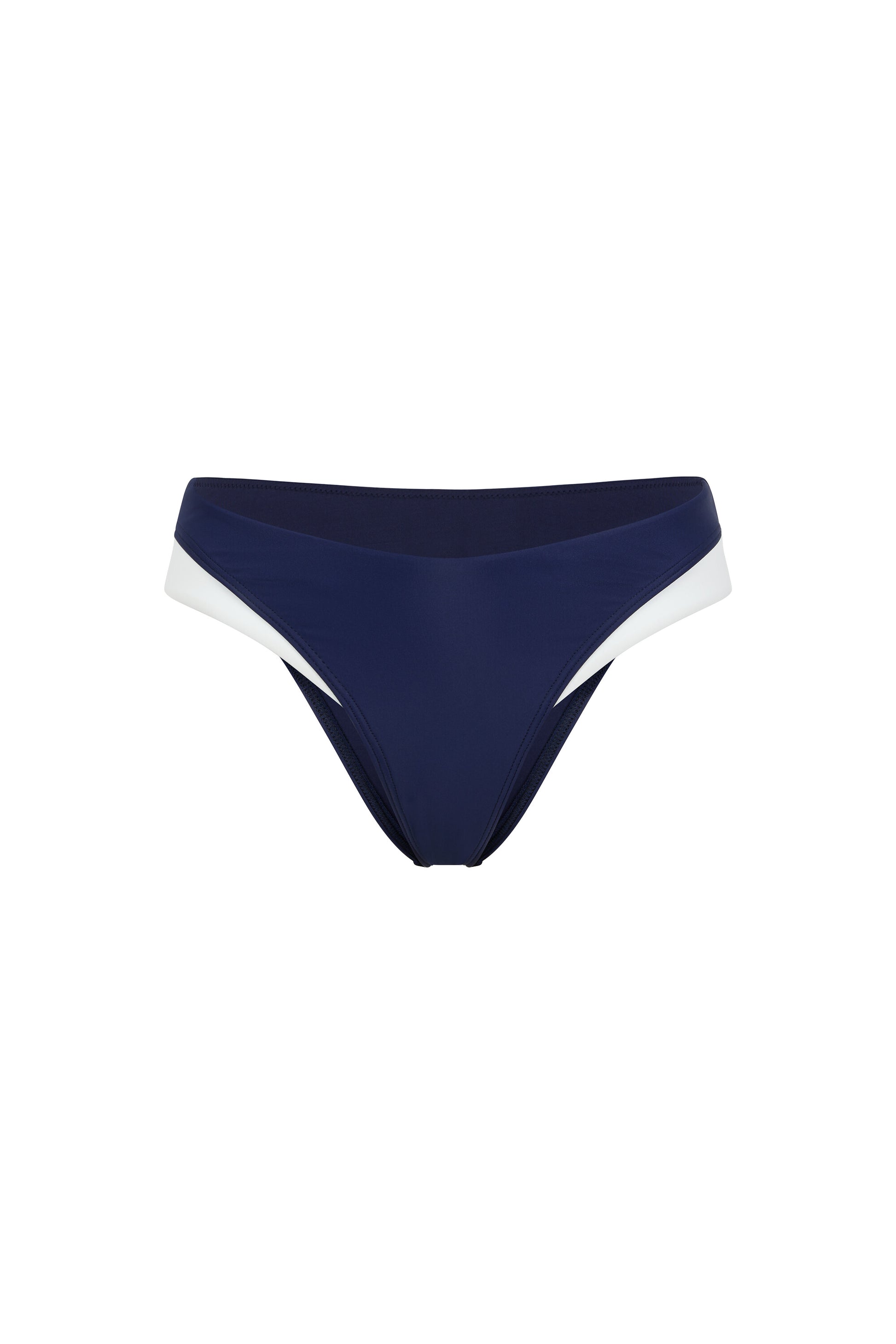 Monaco navy and ivory bikini bottom with low-rise fit, ivory side accents and premium European swim fabric on a white background.