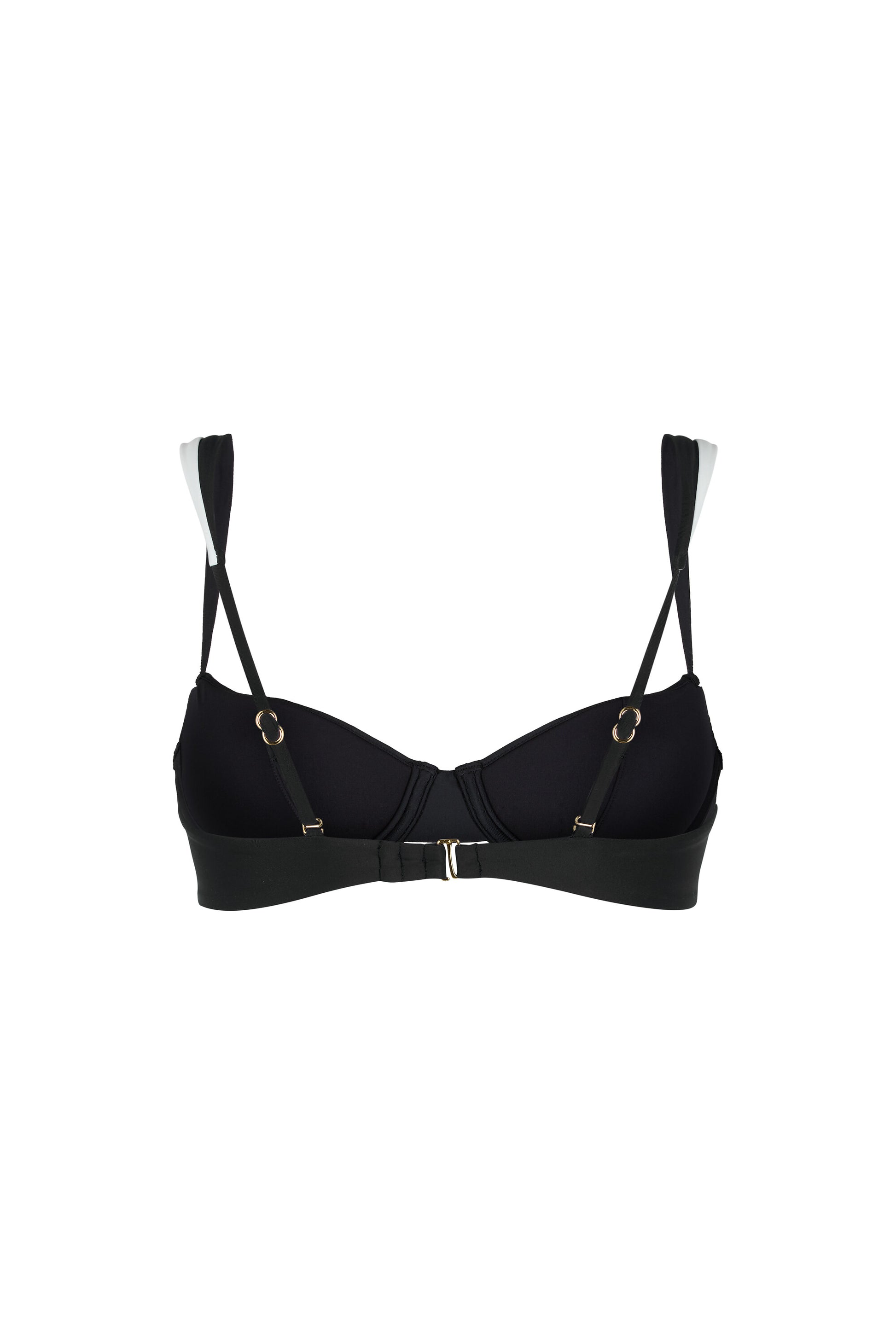 Back view of the Monaco black and ivory bikini top with adjustable swan-hook closure and straps, European swim fabric and gold-tone hardware on a white background.
