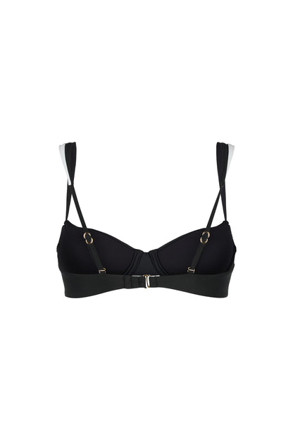 Back view of the Monaco black and ivory bikini top with adjustable swan-hook closure and straps, European swim fabric and gold-tone hardware on a white background.