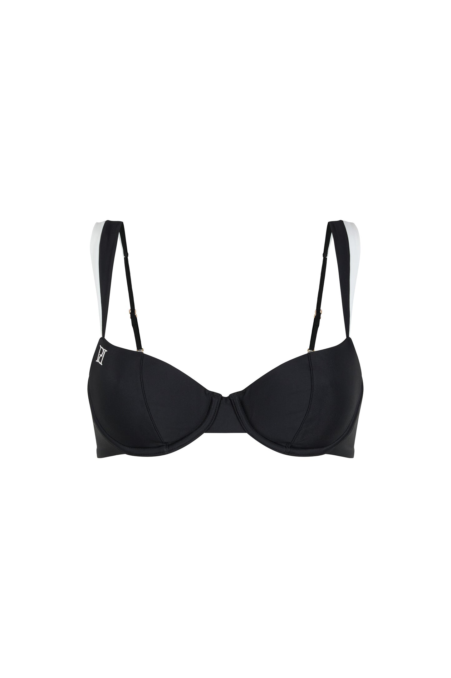 Monaco black and ivory bikini top with moulded underwired cups, contrast straps and signature embroidery on a white background.