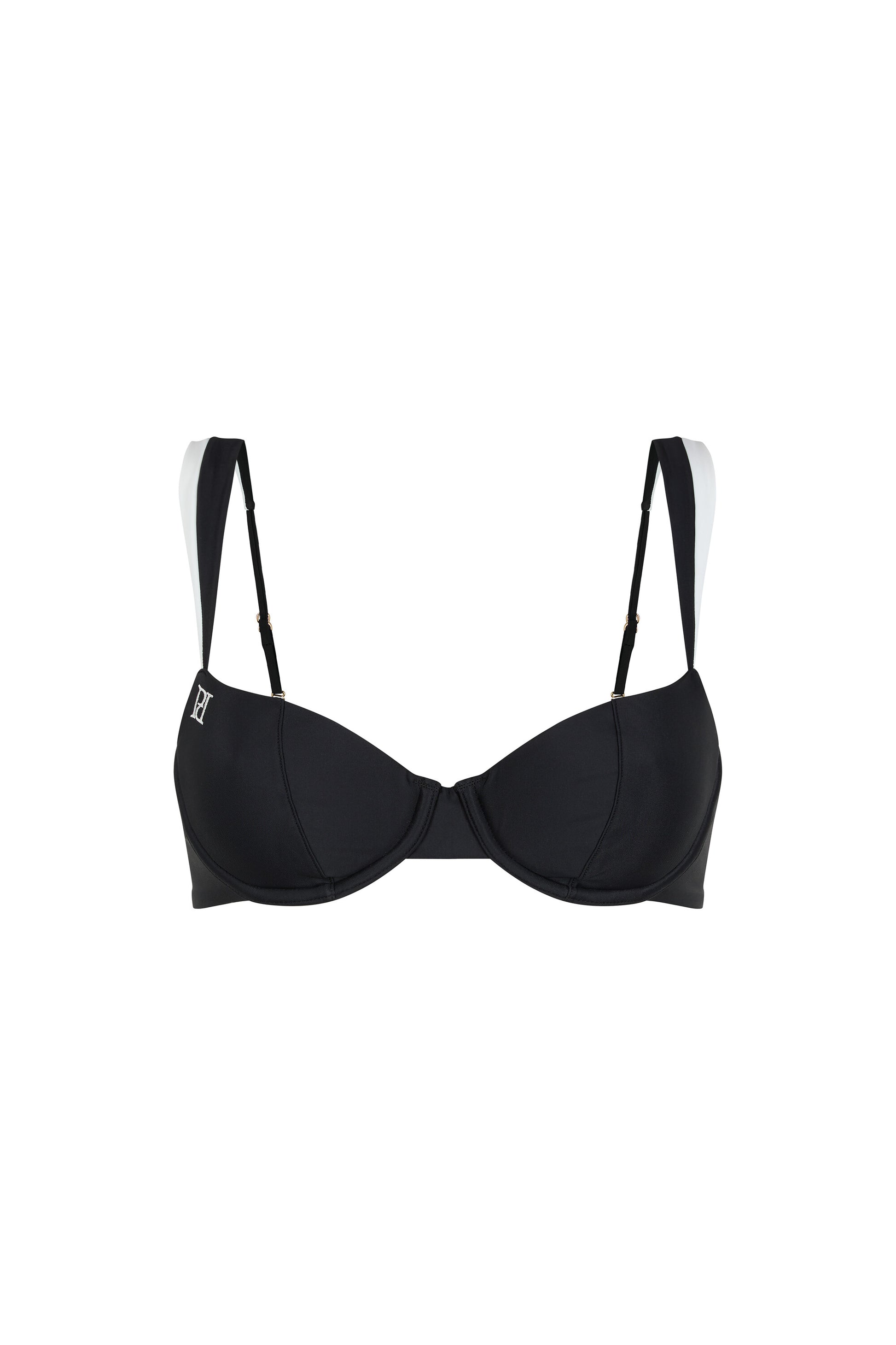 Monaco black and ivory bikini top with moulded underwired cups, contrast straps and signature embroidery on a white background.