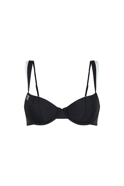Monaco black and ivory bikini top with moulded underwired cups, contrast straps and signature embroidery on a white background.