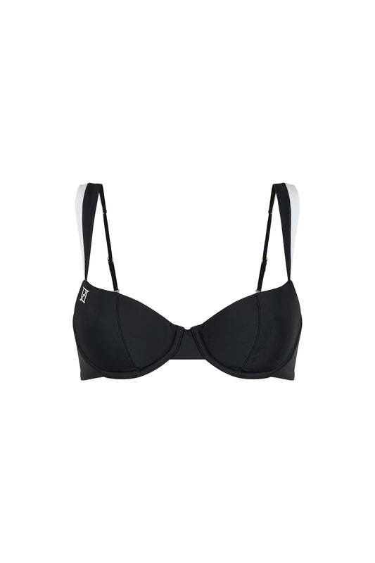 Monaco black and ivory bikini top with moulded underwired cups, contrast straps and signature embroidery on a white background.