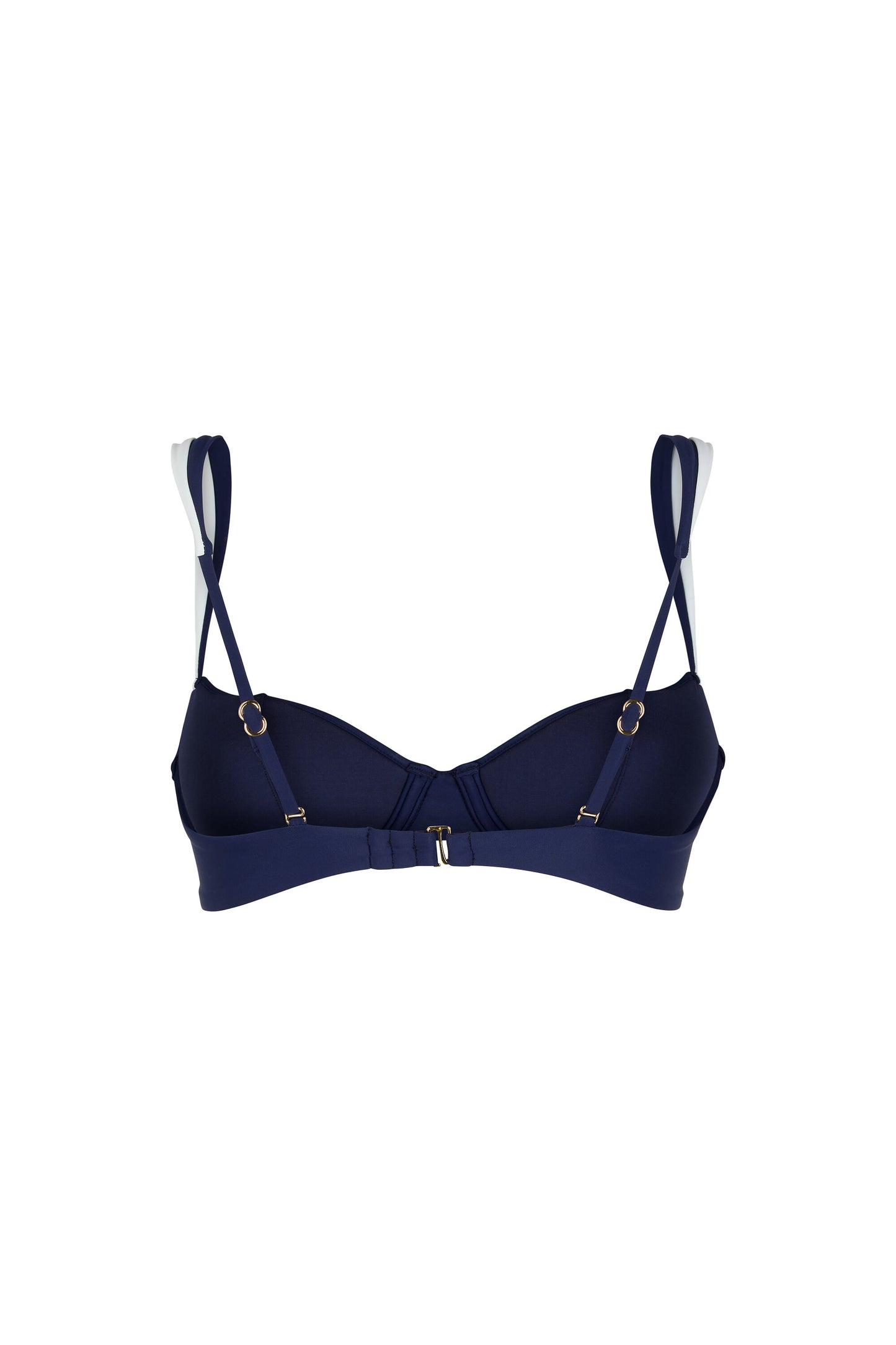 Back view of the Monaco navy and ivory bikini top with adjustable swan-hook closure and straps, European swim fabric and gold-tone hardware on a white background.