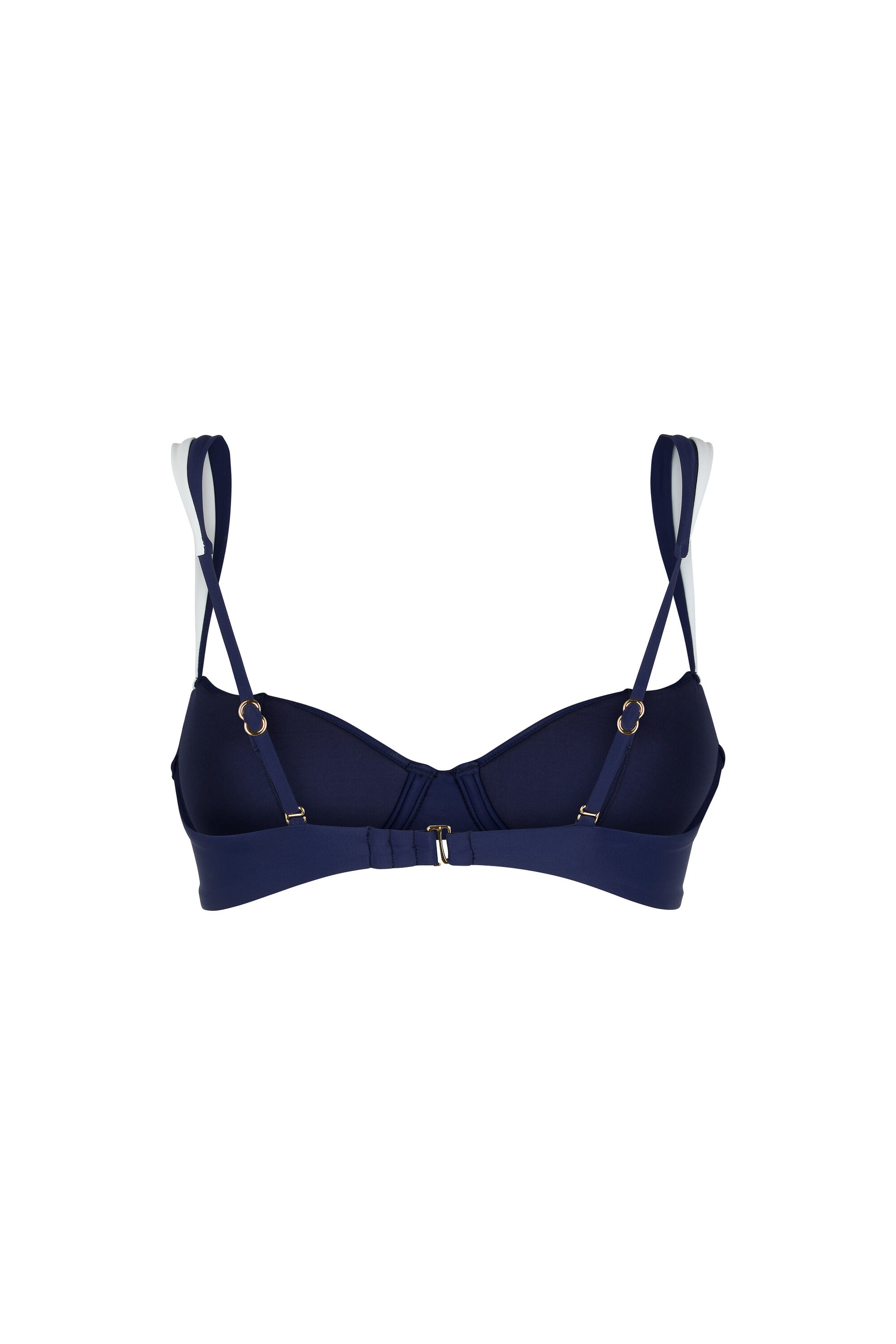 Back view of the Monaco navy and ivory bikini top with adjustable swan-hook closure and straps, European swim fabric and gold-tone hardware on a white background.