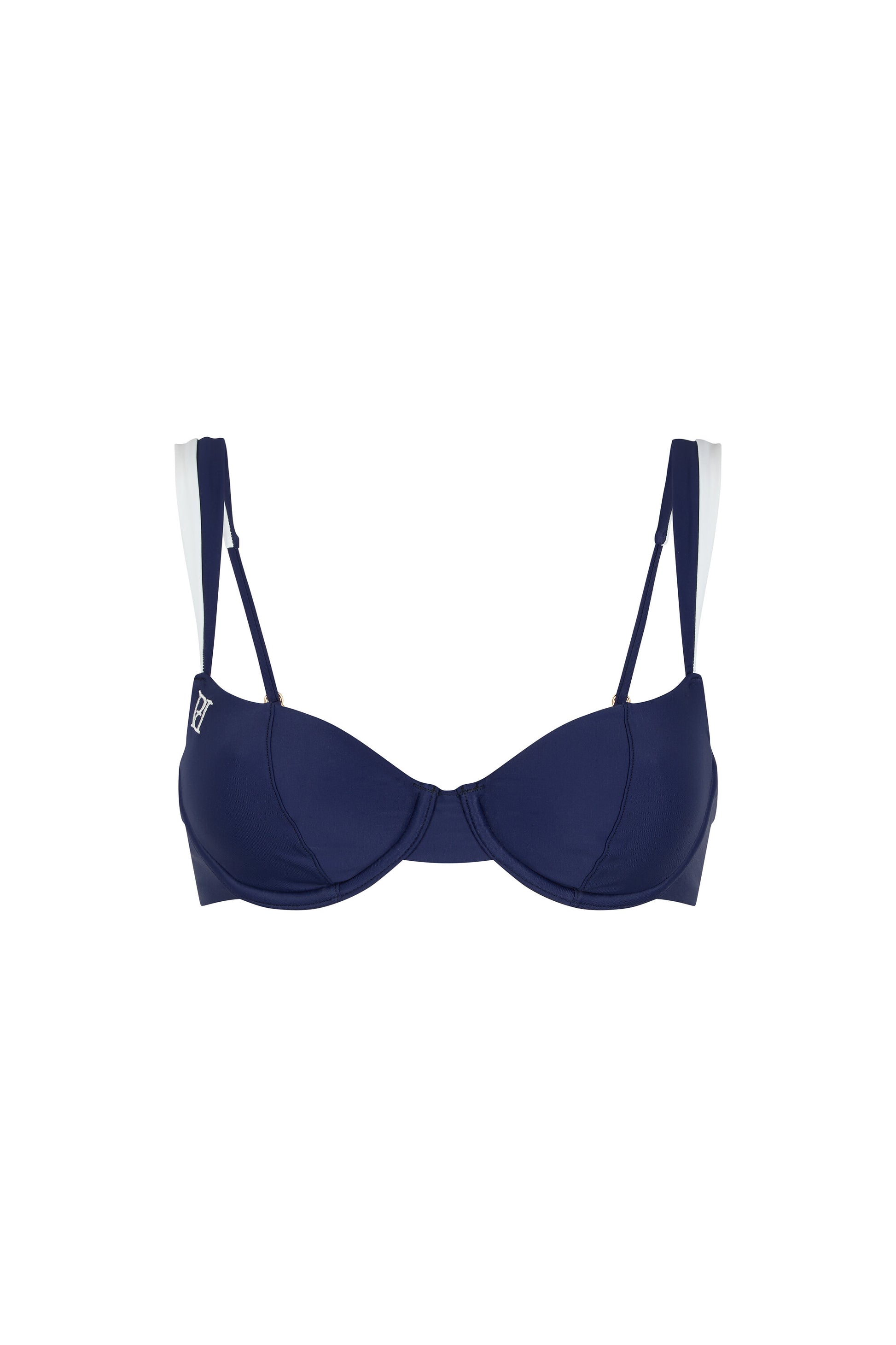 Monaco navy and ivory bikini top with moulded underwired cups, contrast straps and signature embroidery on a white background.