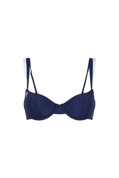 Monaco navy and ivory bikini top with moulded underwired cups, contrast straps and signature embroidery on a white background.