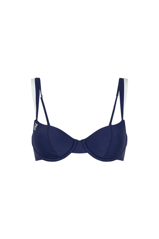Monaco navy and ivory bikini top with moulded underwired cups, contrast straps and signature embroidery on a white background.