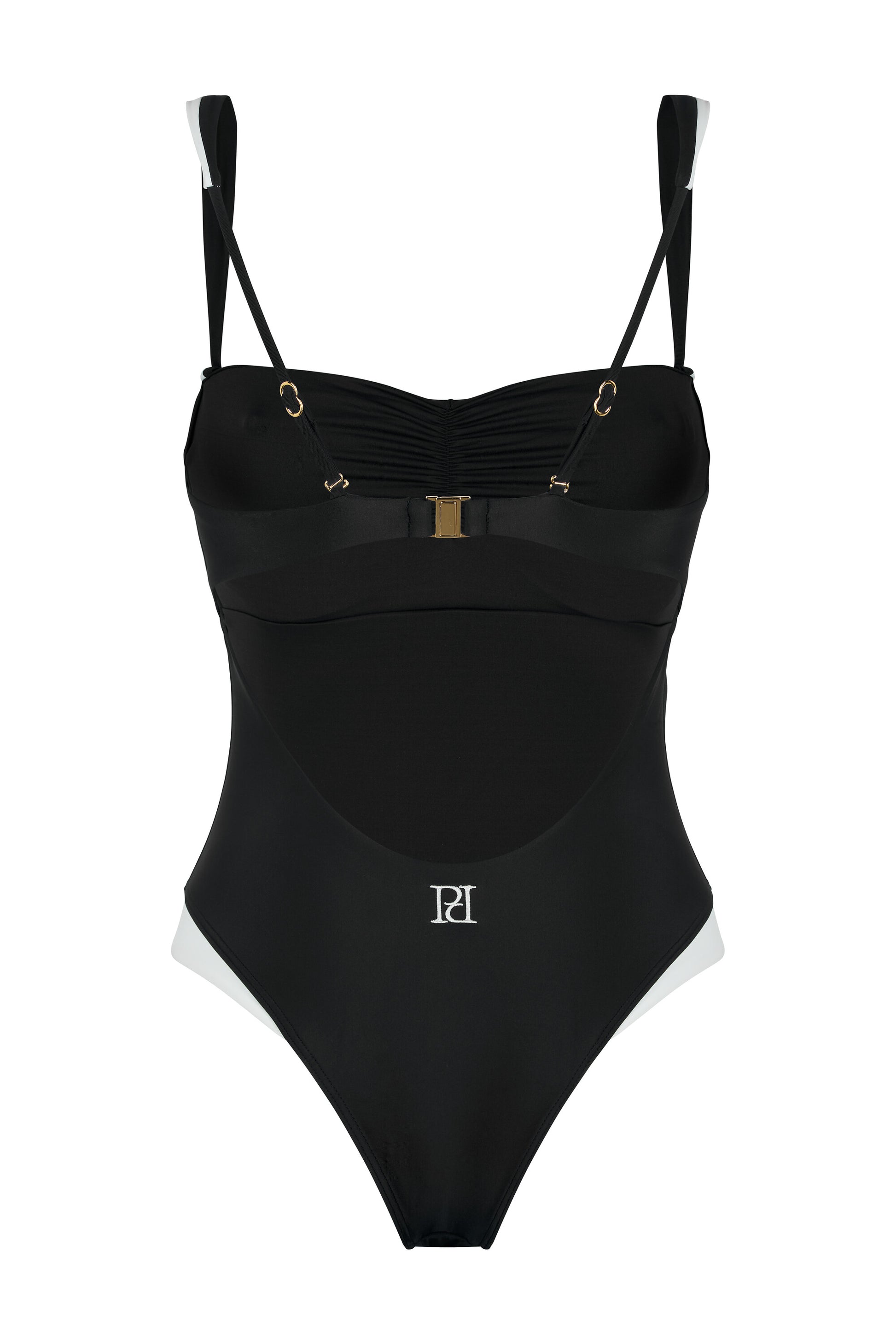 Back view of the Monaco black and ivory one-piece swimsuit with open back, logo embroidery, ivory framing and gold-tone hardware on a white background.