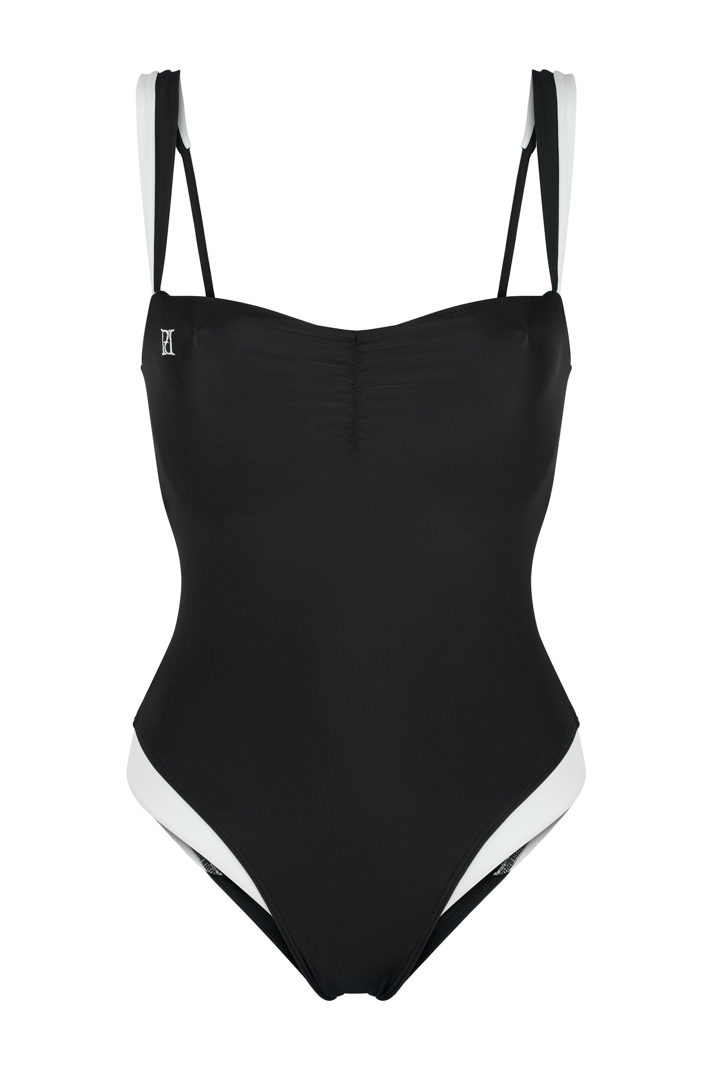 Monaco black and ivory one-piece swimsuit with hidden underwire support, logo embroidery, ivory framing and European swim fabric on a white background.
