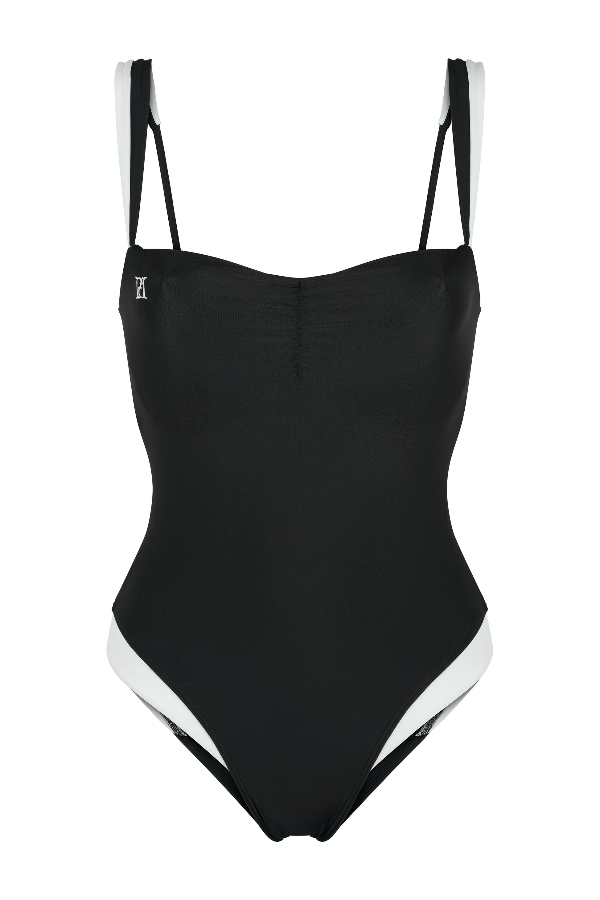 Monaco black and ivory one-piece swimsuit with hidden underwire support, logo embroidery, ivory framing and European swim fabric on a white background.