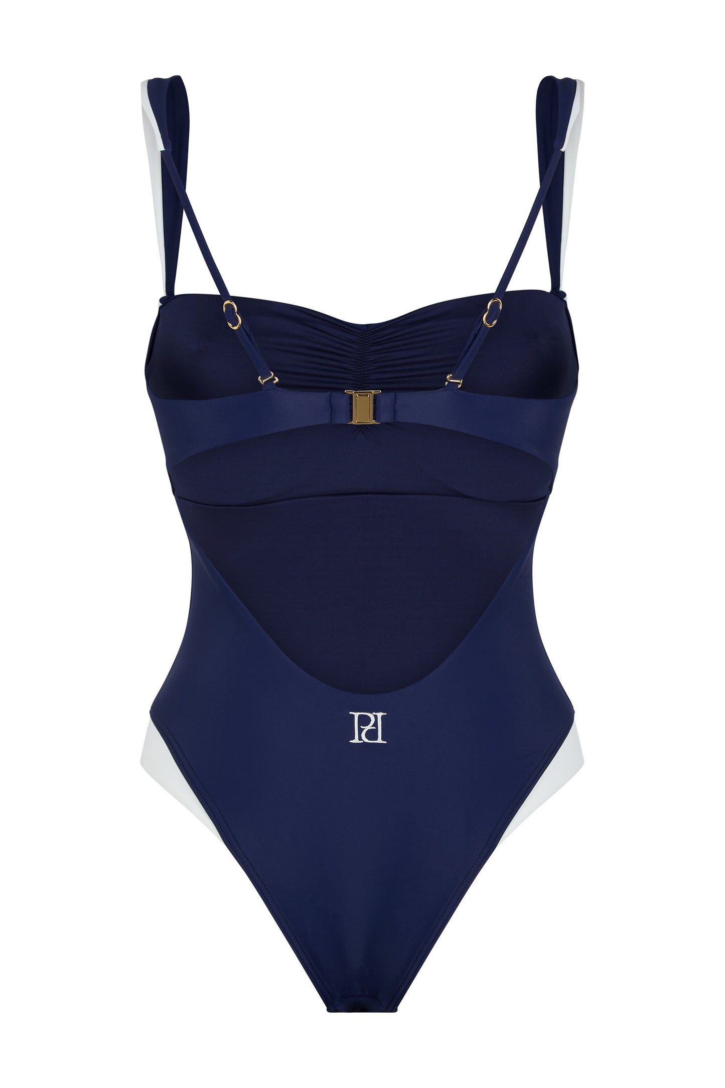Back view of the Monaco navy and ivory one-piece swimsuit with open back, logo embroidery, ivory contouring and gold-tone hardware on a white background.
