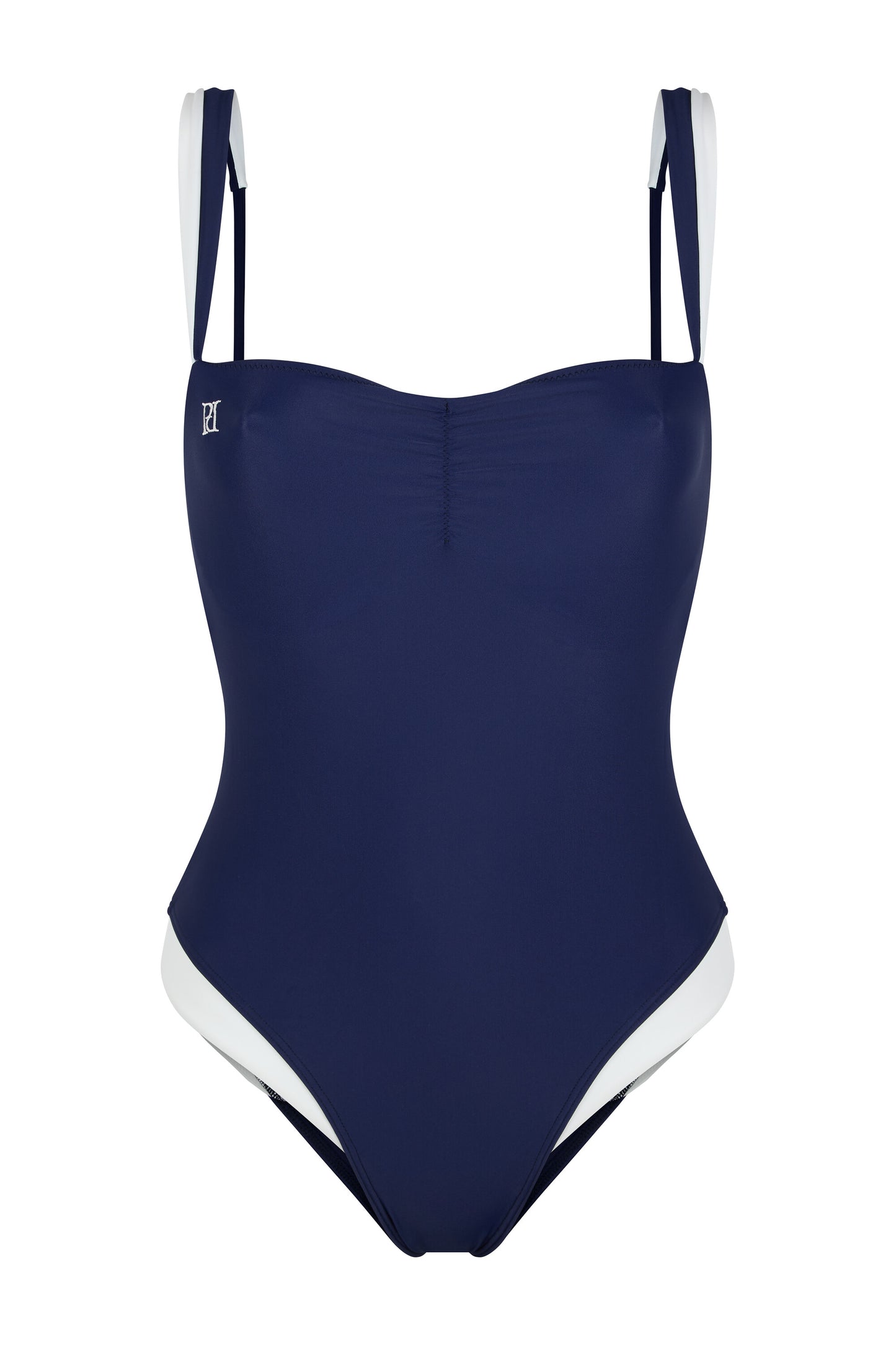 Monaco navy and ivory one-piece swimsuit with hidden underwire support, logo embroidery, ivory contouring and European swim fabric on a white background.