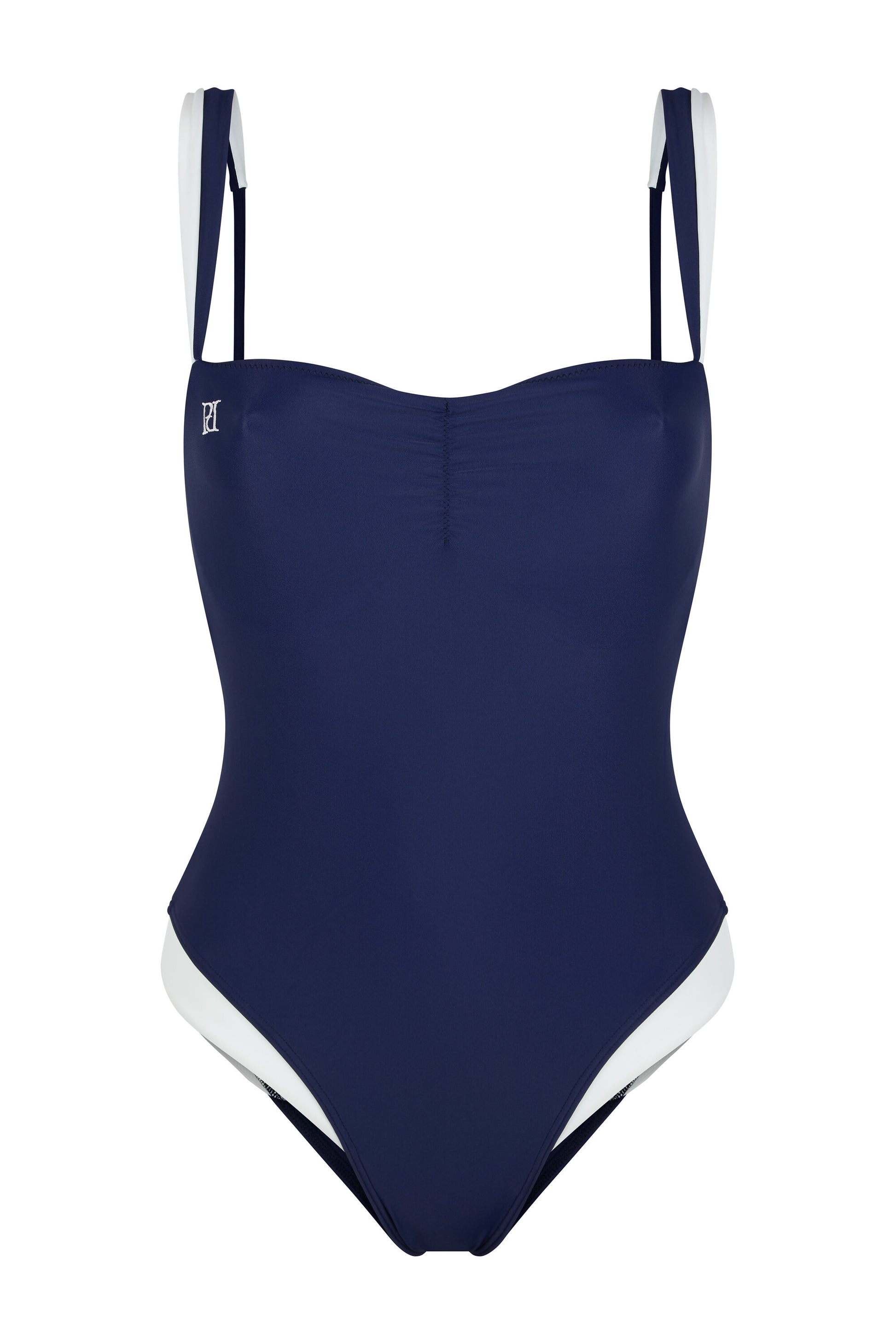 Monaco navy and ivory one-piece swimsuit with hidden underwire support, logo embroidery, ivory contouring and European swim fabric on a white background.