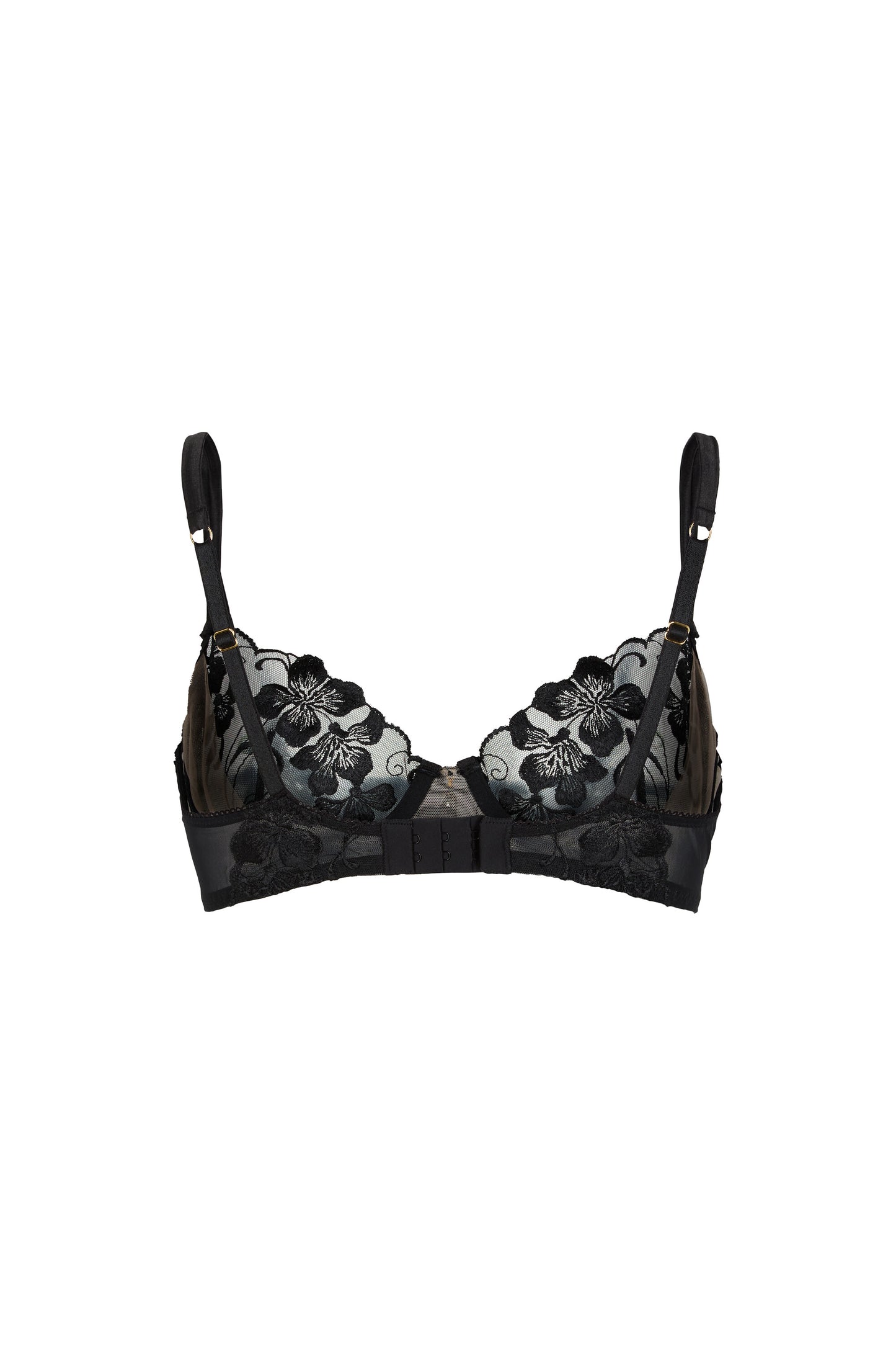 Back view of the Valerie black balconette bra with embroidered back detailing, adjustable straps and hook-and-eye closure on a white background.