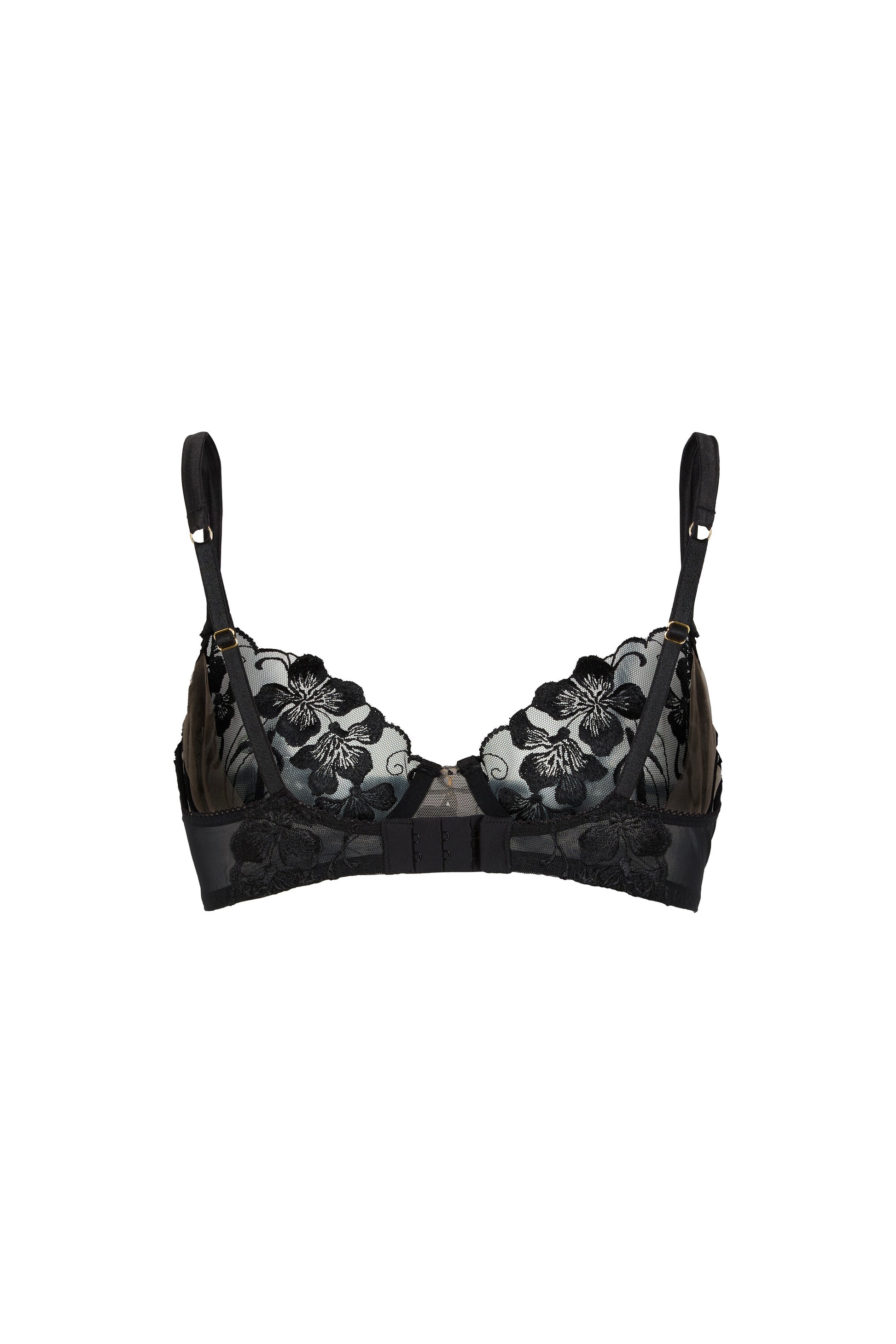 Back view of the Valerie black balconette bra with embroidered back detailing, adjustable straps and hook-and-eye closure on a white background.