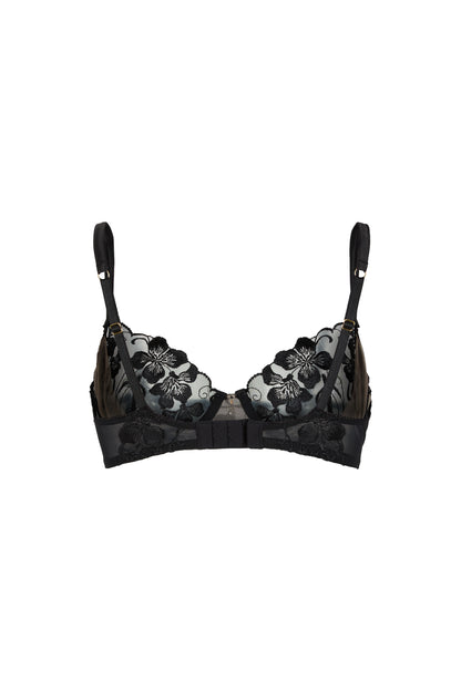 Back view of the Valerie black balconette bra with embroidered back detailing, adjustable straps and hook-and-eye closure on a white background.