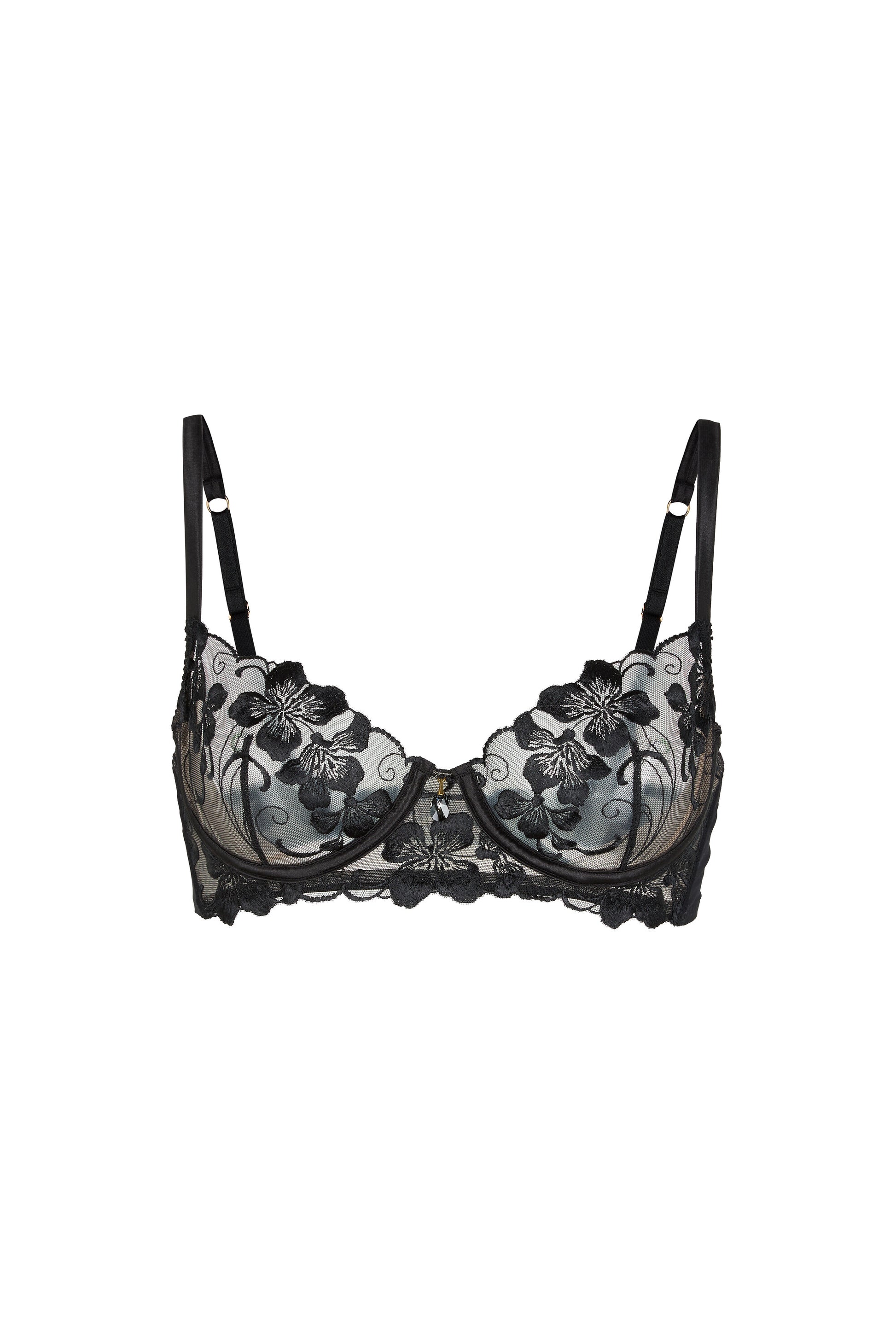 Valerie black balconette bra with Swiss embroidery, sheer tulle cups, underwired support and Austrian crystal centrepiece on a white background.