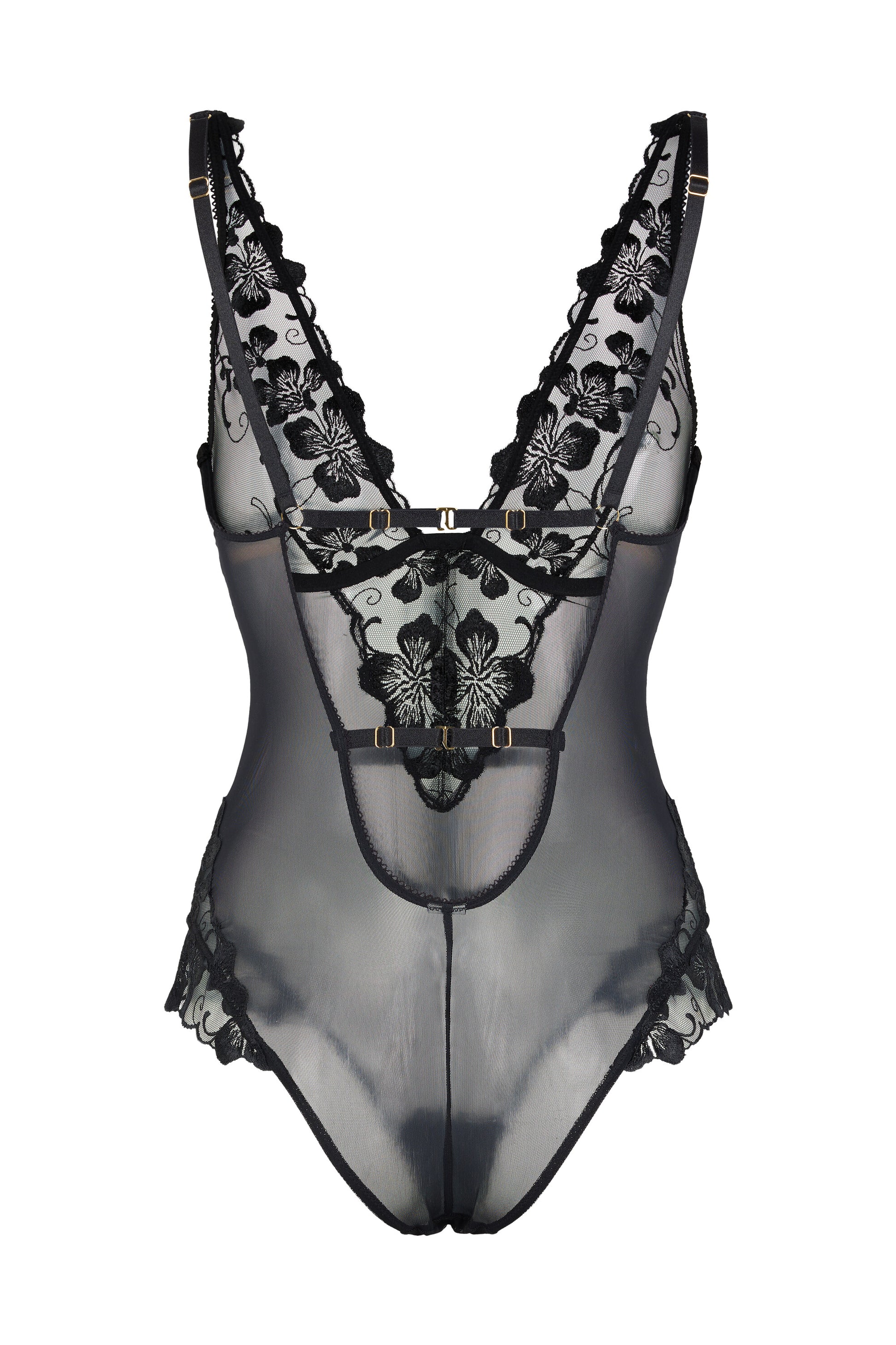 Back view of the Valerie black bodysuit with open back, sheer contouring mesh, adjustable straps and gold-tone hardware on a white background.